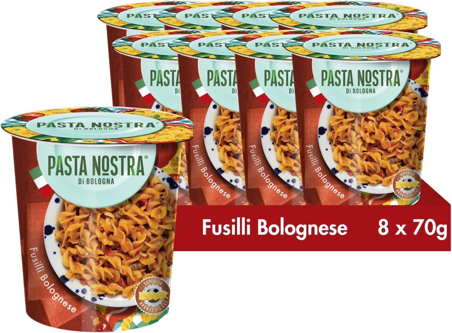 Pasta Nostra | Instant Pasta Pots | BOLOGNESE fusilli Pasta with a beef and tomato sauce | Pack of 8 x 70g | Made in Italy | Ready in 5 minutes | healthier alternative to pot noodle