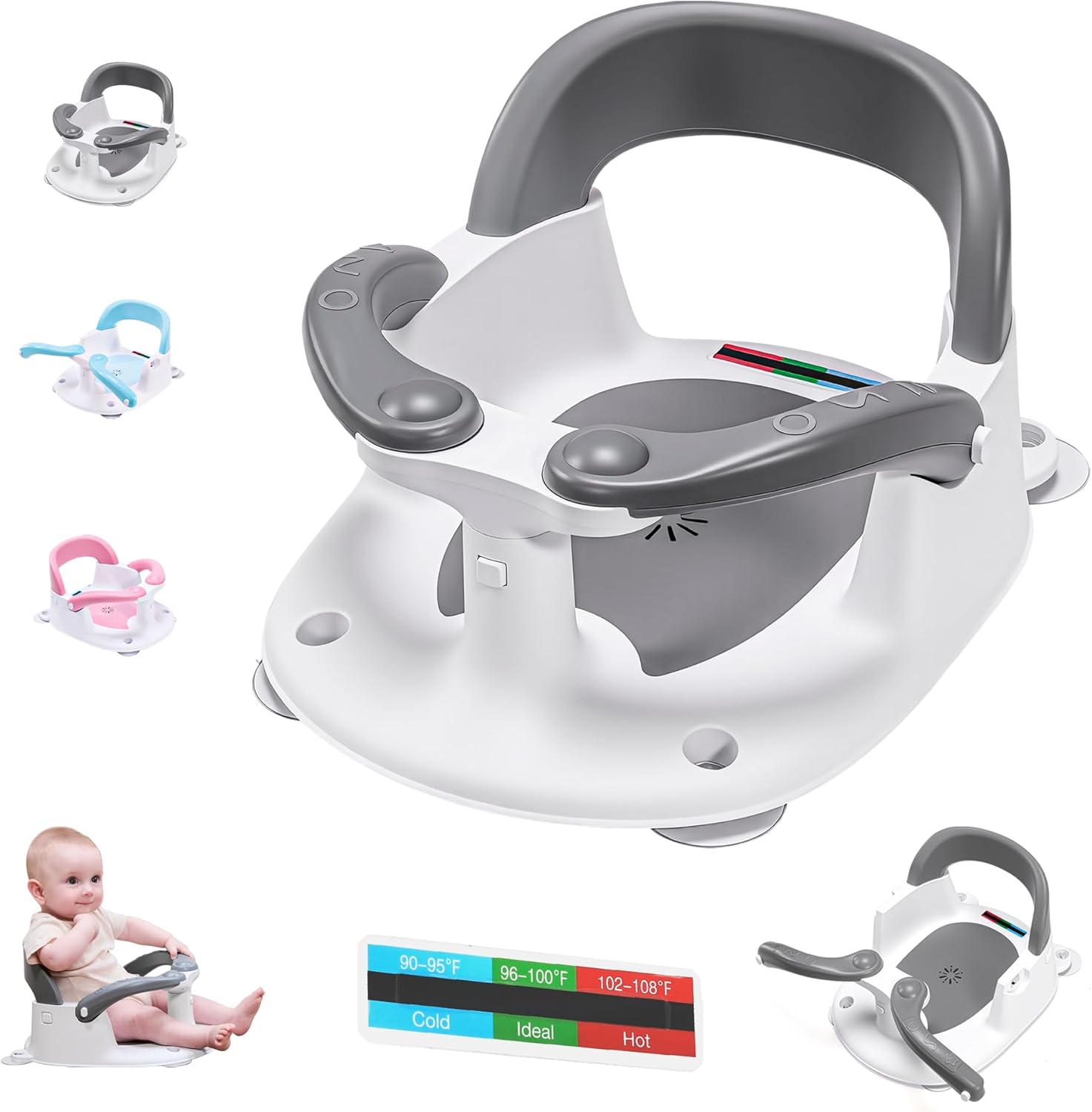 Baby Bath seat for Babies 6 Months & up with Thermometer Sticker, one-Touch Button for Easy armrest Opening, Baby sit up Bath Chair (Gray)