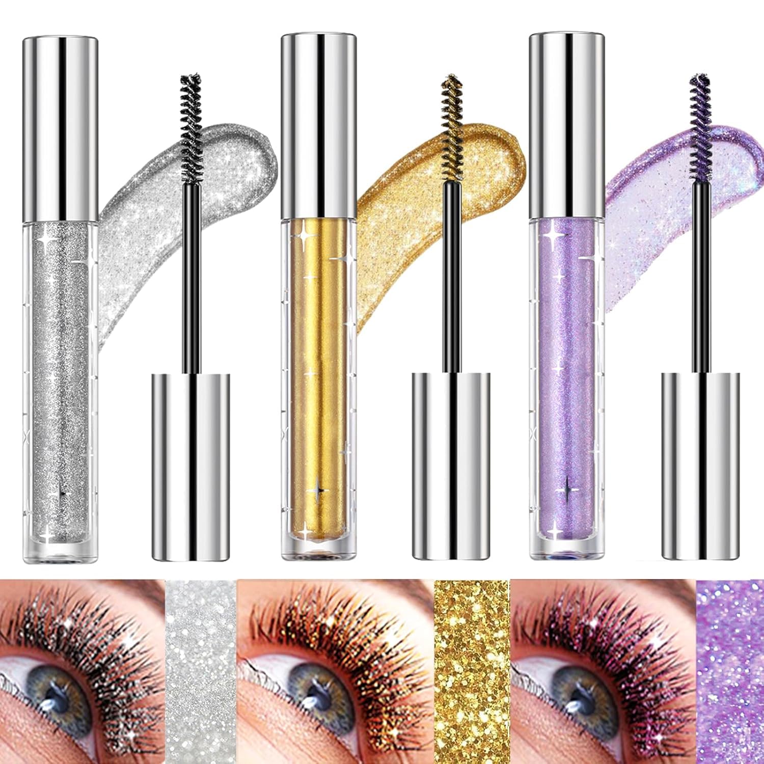 3 Pcs Glitter Mascara Eyeshadow, Shiny Sparkling Diamonds Colorful Mascara, Volumizing Lengthening Longwear Waterproof Smudge-Proof Colorful Lashes for Eyelashes