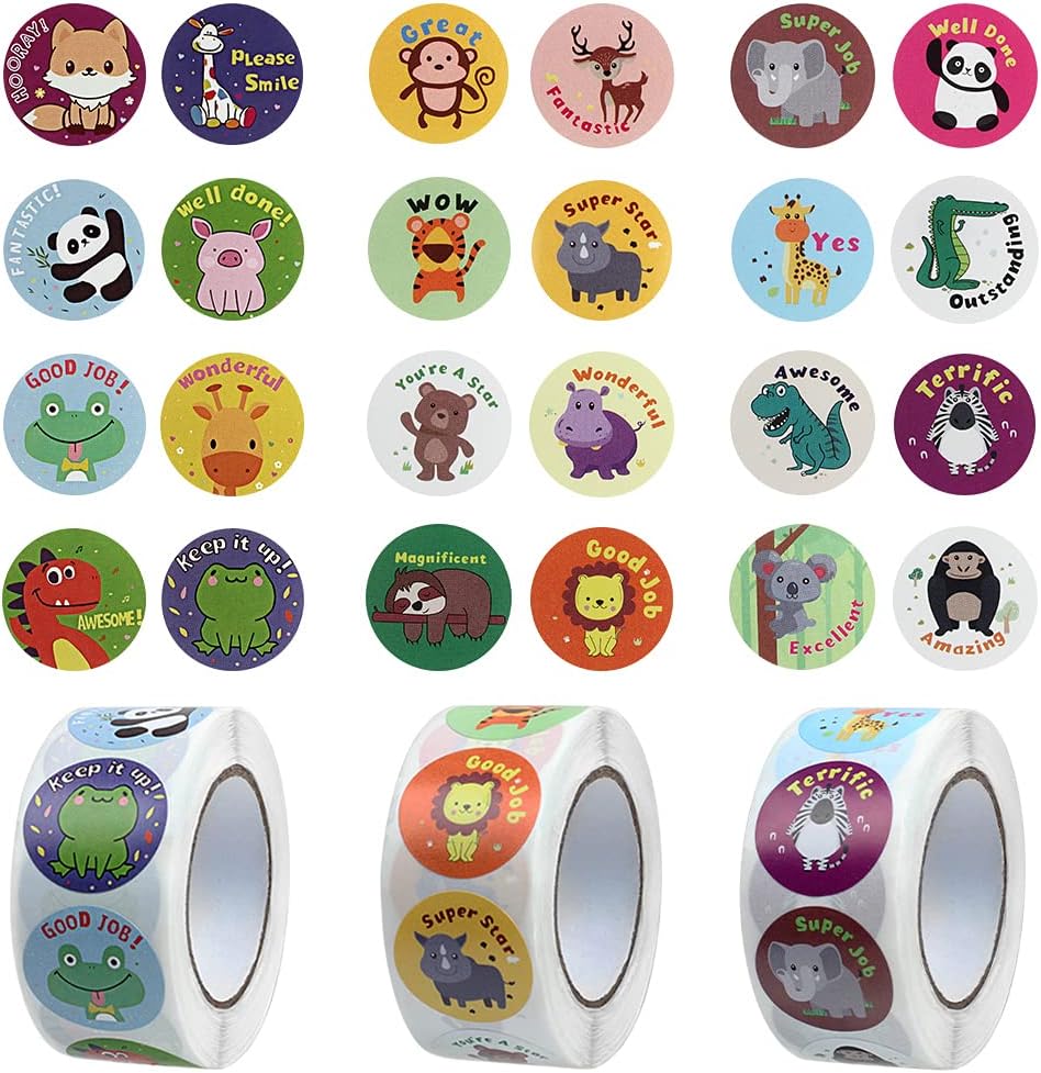 1500PCS Reward Stickers, ZTMY School Stickers 3 Roll Motivational Stickers in 24 Designs for Children Students Teachers Classroom (Multicoloured-2)
