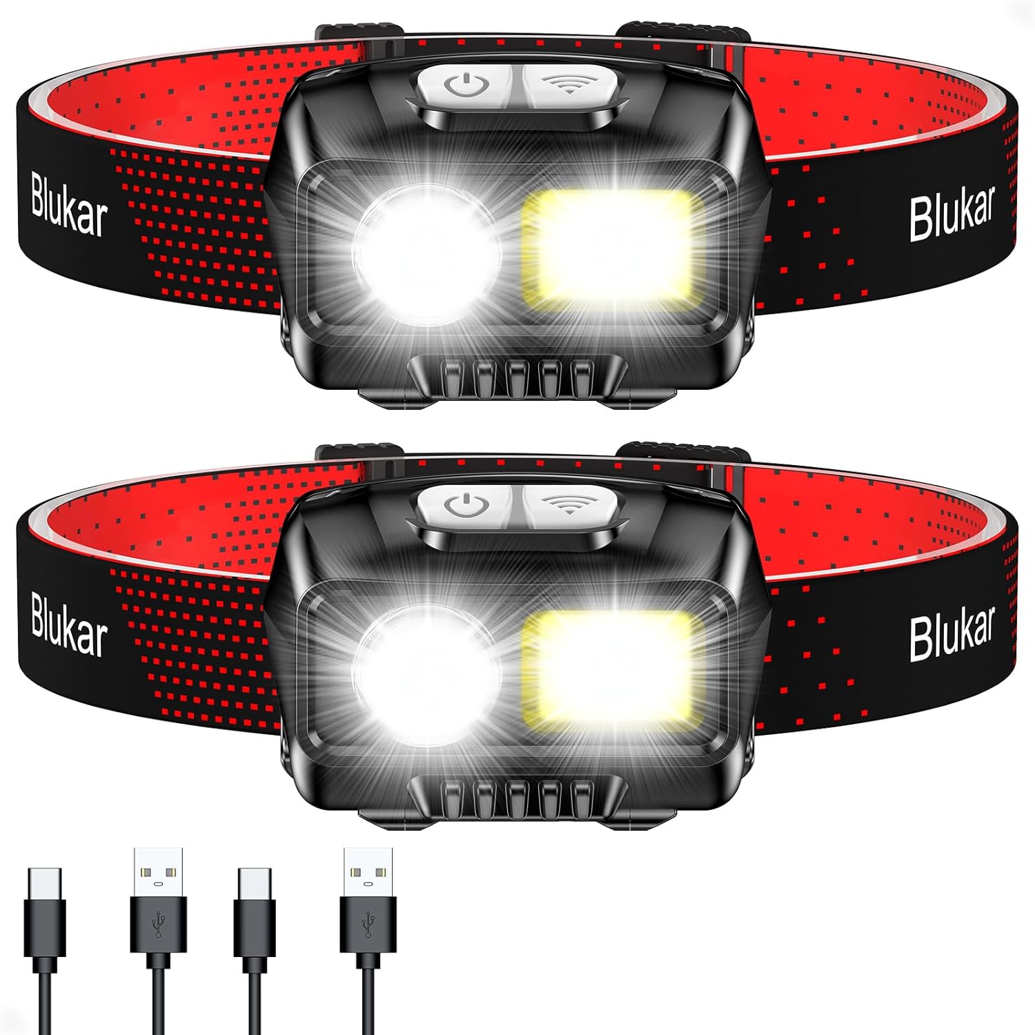 LED Headlamp Rechargeable,2000L High Lumen Super Bright Dimmable Headlight Flashlight with Motion Sensor- 8 Modes,Spotlight&Floodlight,IPX5 Waterproof for Camping,Hiking,Running,Fishing -2 Pack