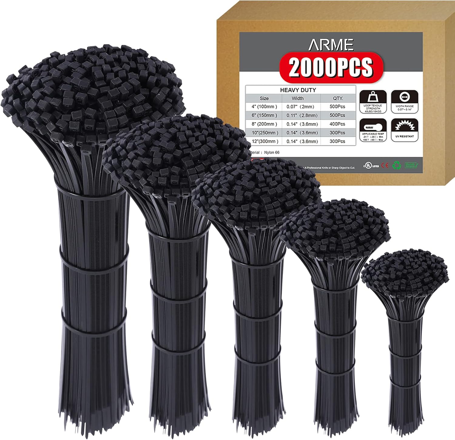 Arme Heavy Duty Zip Ties，2000 QTY/Pack Black Cable Zip Ties, Cable Zip Ties Nylon Self-Locking Black Ties,High-Strength Cable Zip Ties Assorted Sizes for Outdoor&Indoor Use(4"+6"+8"+10"+12")
