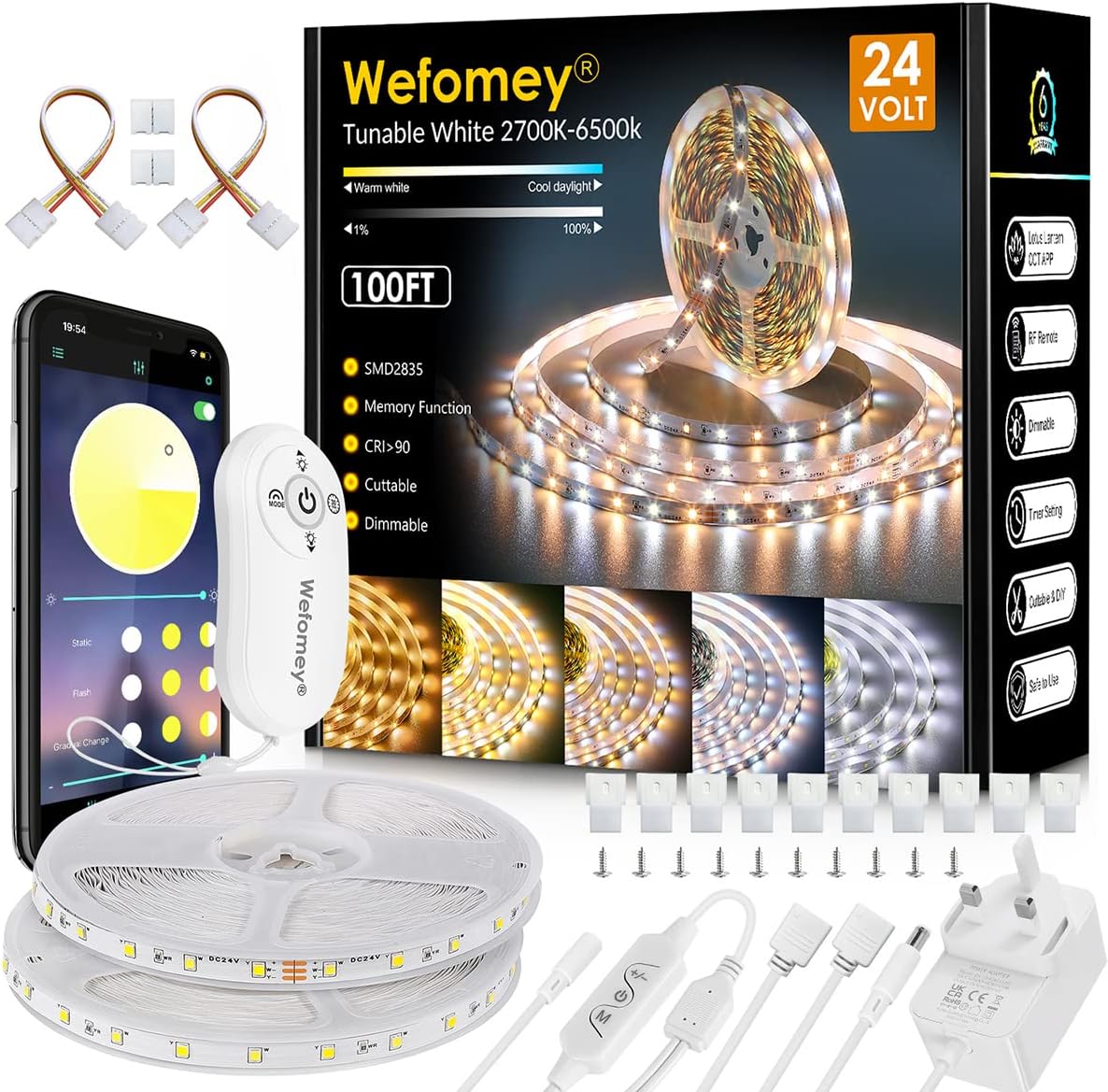 Wefomey 30M White LED Strip Light, Bright 24V LED Tape Light with Remote App Control, Warm White to Cool Soft 2700K-6500K Dimmable Strip Lights for Kitchen, Bedroom, Ceiling
