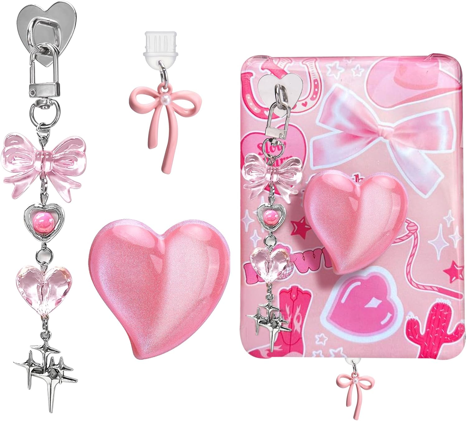AIERSA Cute Charms Set for Kindle,Including Dust Plug Charm Type C/USB C,Heart Grip Holder,Bling Keychains with Hook for Kindle Accessories,Compatible for Kindle Paperwhite 11th 12th Generation-Pink