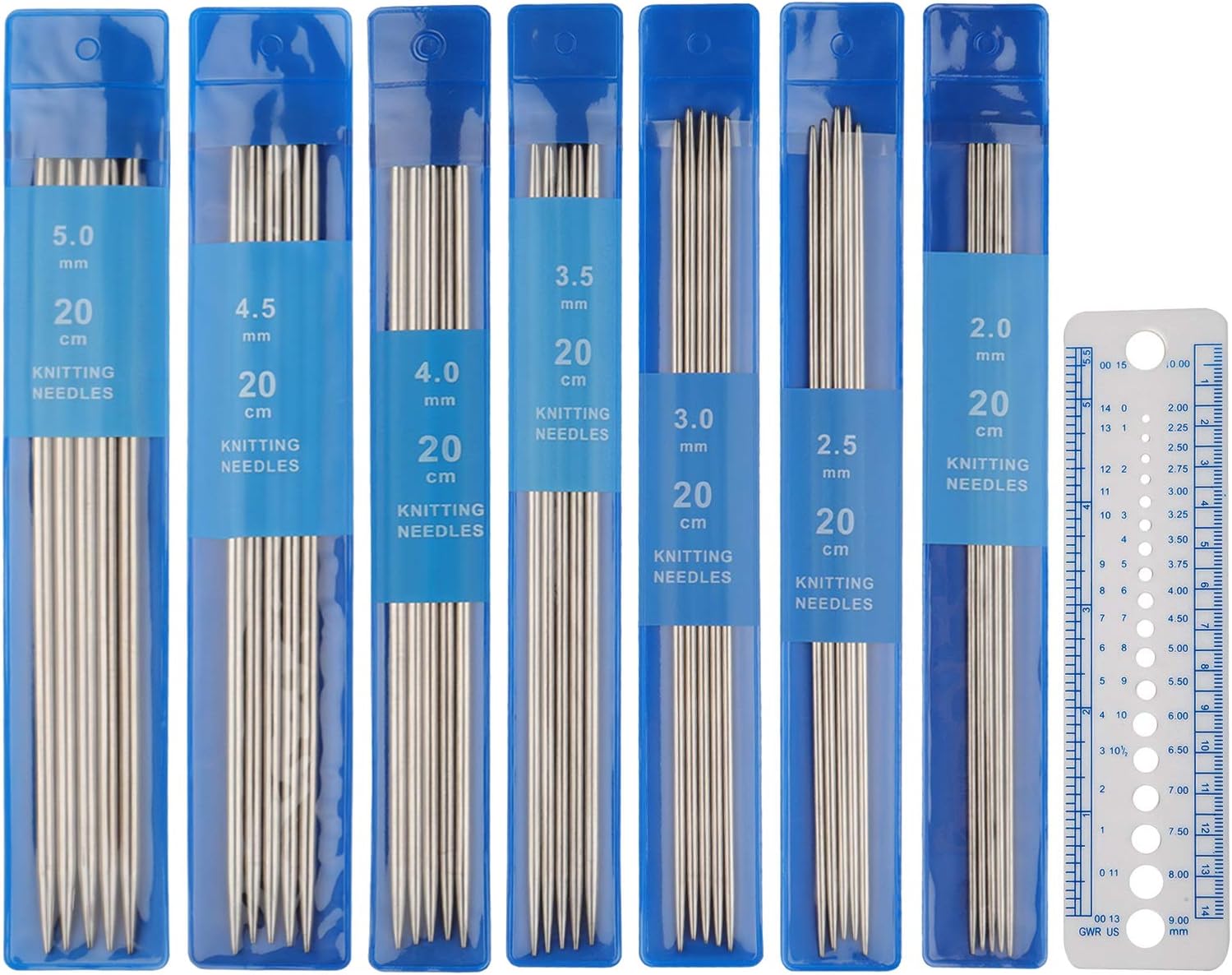 Coopay Short Double Pointed Knitting Needles Kit 20cm, Double Ended Needles 2.0mm to 5.0mm, DPNs Knitting Pins Set for Beginner and Small Projects, Sock Metal Needles 35 Pack and Needle Gauge