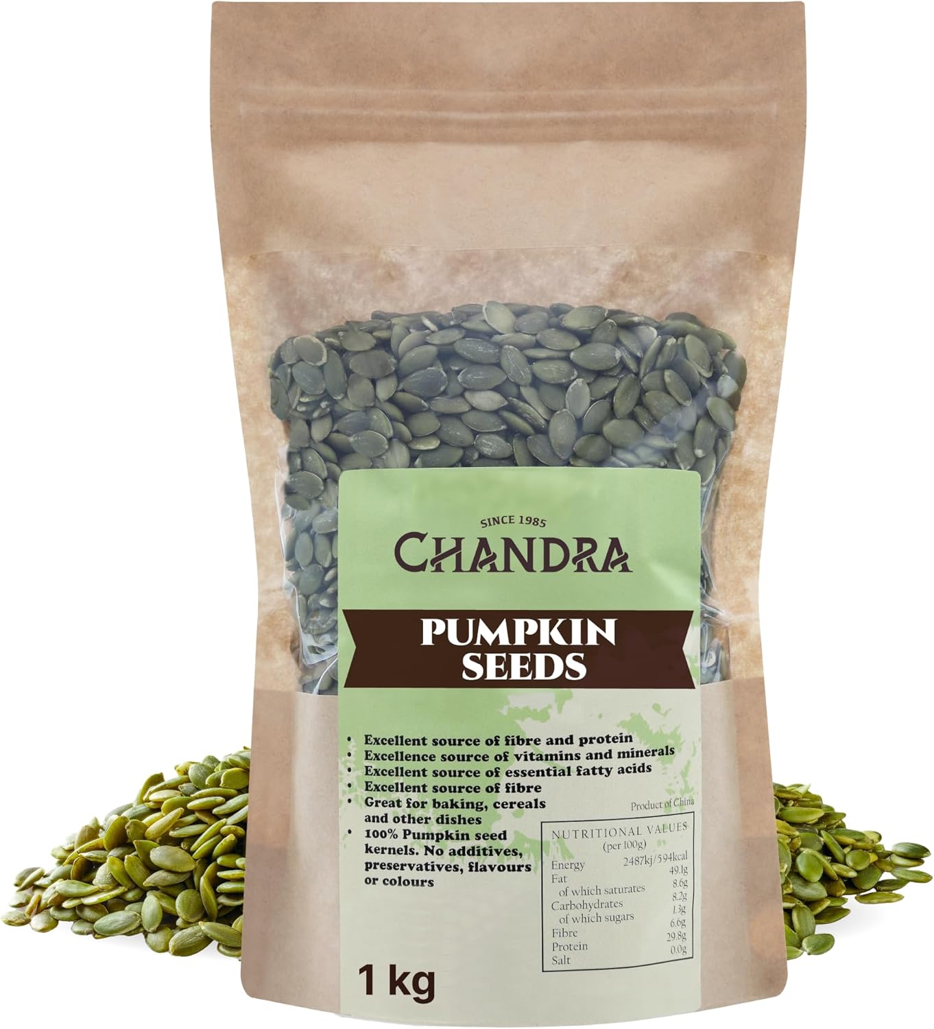 Chandra Whole Foods – Raw Pumpkin Seeds 1KG - Low-Carb High Fibre Pumpkin Seeds to Eat, for Breads, Soups, Cereals & Snacks - Gluten-Free, Keto, Shell-Free, Rich in Protein, Vitamins & Antioxidants