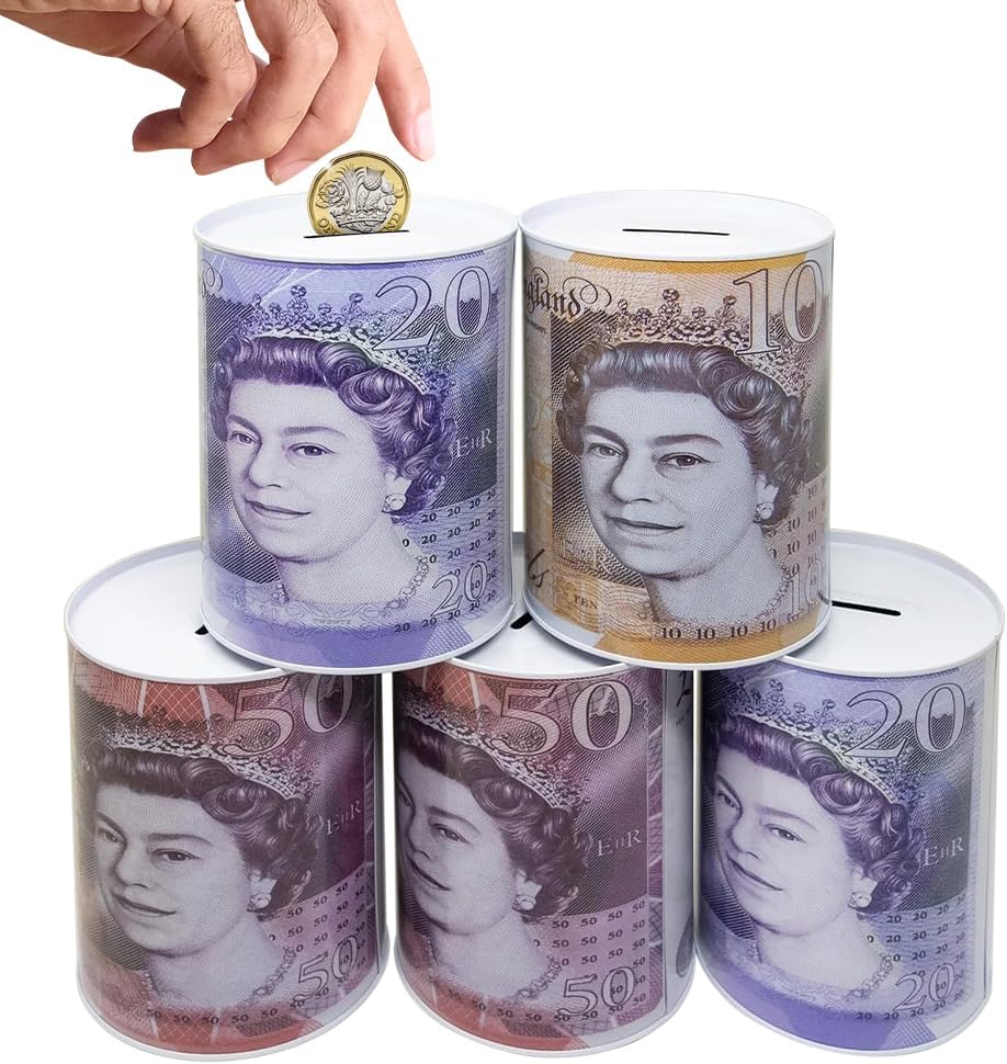 Set Of 5 Pound Note Design Money Tin - Piggy Bank Box Savings Coins Cash Change | Sterling Money Pot Tinplate Saving Money Box | £5 £10 £50 £20 Size 15cm x 10cm