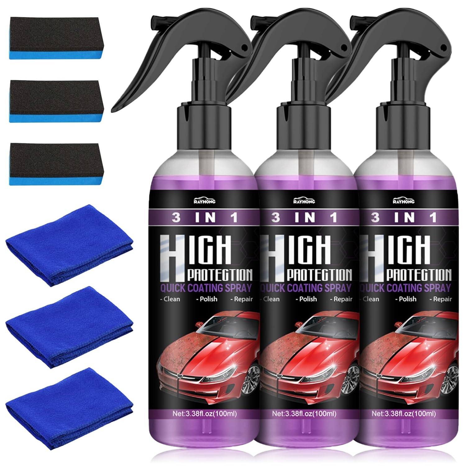 3 In 1 High Protection Quick Car Coating Spray,Ceramic Car Coating Spray Car Polish Quick Coat Car Wax Polish Spray for Cars, Car Ceramic Coating Agent (100ml, 3pcs)