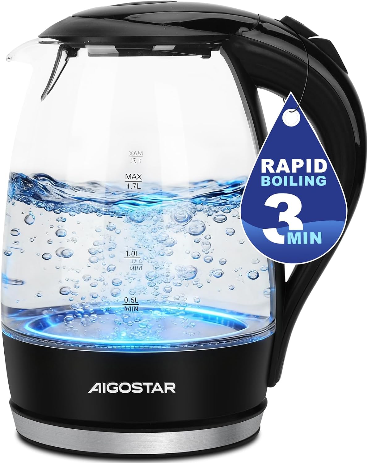 Aigostar 1.7L Glass Electric Kettle with Blue Illumination, 2200W Fast Boil | Borosilicate Glass Body, Auto Shut-Off, Boil-Dry Protection, 304 Stainless Steel Heating Plate, Cordless 360° Base, Adam
