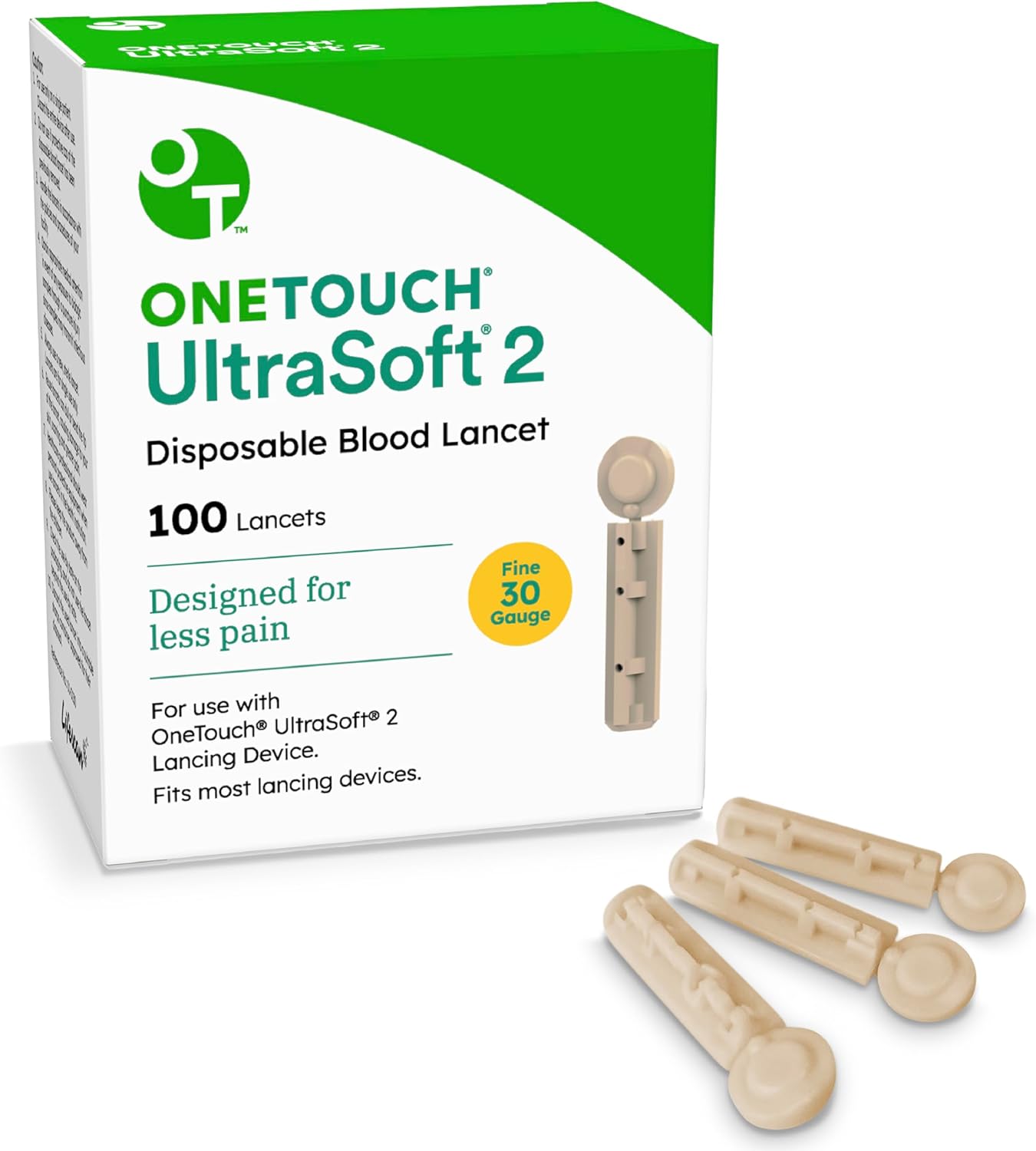 OneTouch Ultra Soft 2 Lancets | Fine 30G Lancets for Blood Testing | Compatible with Most Lancing Devices | Diabetic Lancets for Blood Glucose Monitor Kit, 1 Box (100 Lancets)