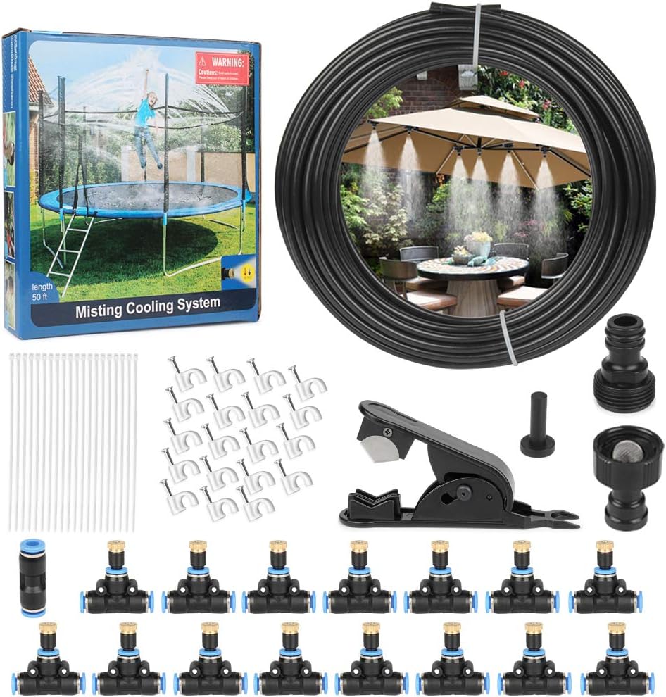 Geila Misting Cooling System - 50 FT (15M) Misting Line + 15pcs Brass Mist Nozzles + a Faucet Connector (3/4" and 1/2") Outdoor Mister System Garden Irrigation System Kit
