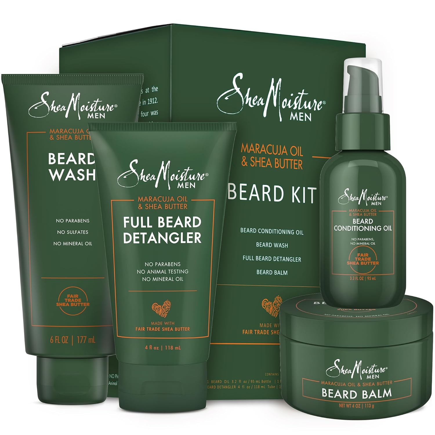 SheaMoisture Beard Kit for Men – Beard Wash, Conditioning Beard Oil, Full Beard Detangler + Beard Balm with Shea Butter & Maracuja Oil, Gifts for Men (4 Piece Set)