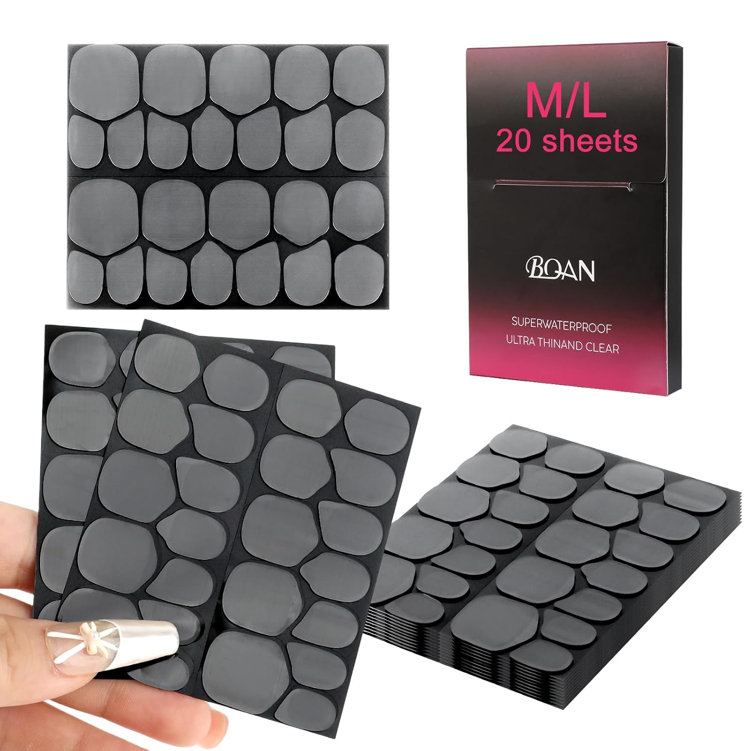 BQAN Nail Adhesive Tabs 20 Sheets 480Pcs UV Jelly Nail Glue Stickers for Press on Waterproof & Super Sticky 12 Sizes of Sticky Tabs, Press on UV Glue Need Curing (M/L)