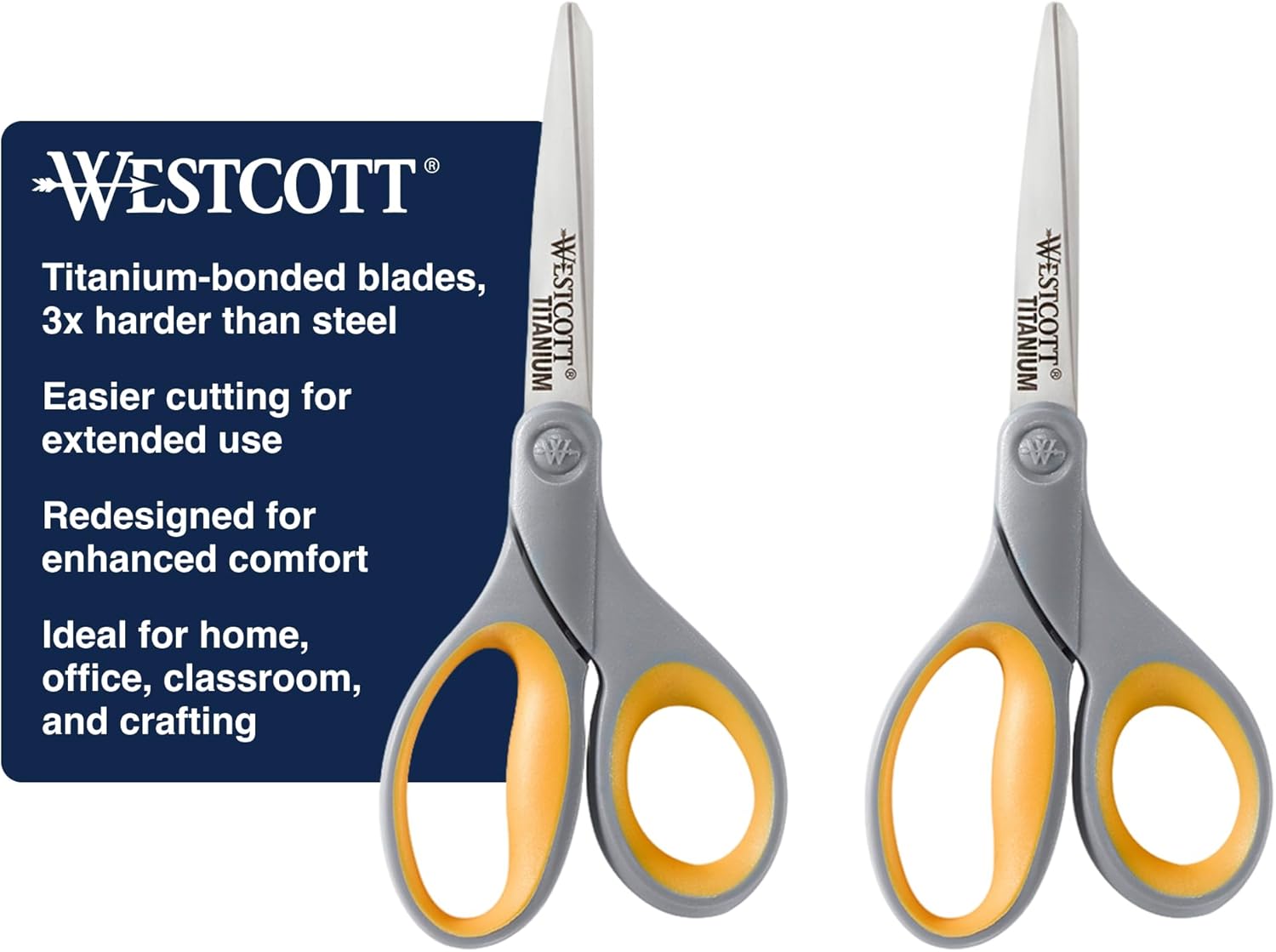 Westcott 13901 8-Inch Titanium Scissors For Office and Home, Yellow/Gray, 2 Pack