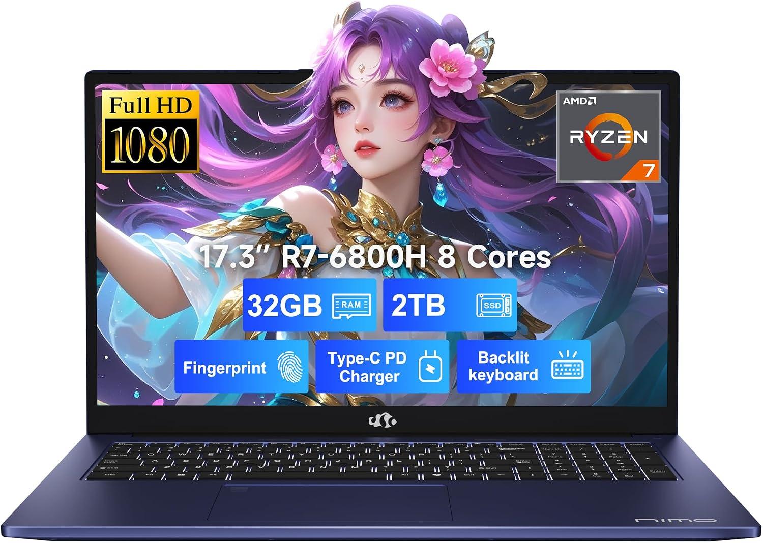 NIMO 17.3" IPS FHD-Gaming-Laptop, 8 Cores AMD Ryzen 7 6800H 32GB DDR5 RAM 2TB SSD (Beat i7-12700H, Up to 4.7GHz) AMD Radeon 680M GPU-Computer with 100W Type-C Backlit Keyboard, Fingerprint