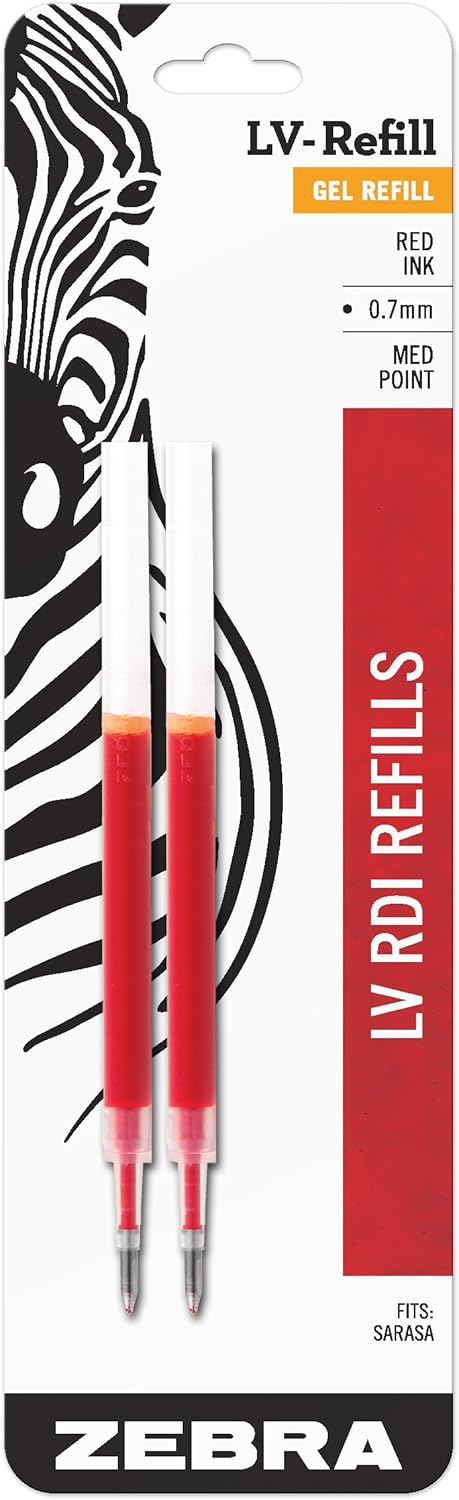 Zebra Pen LV-Refill for Gel Ink Pens, Medium Point, 0.7mm, Red Ink, 2-Pack