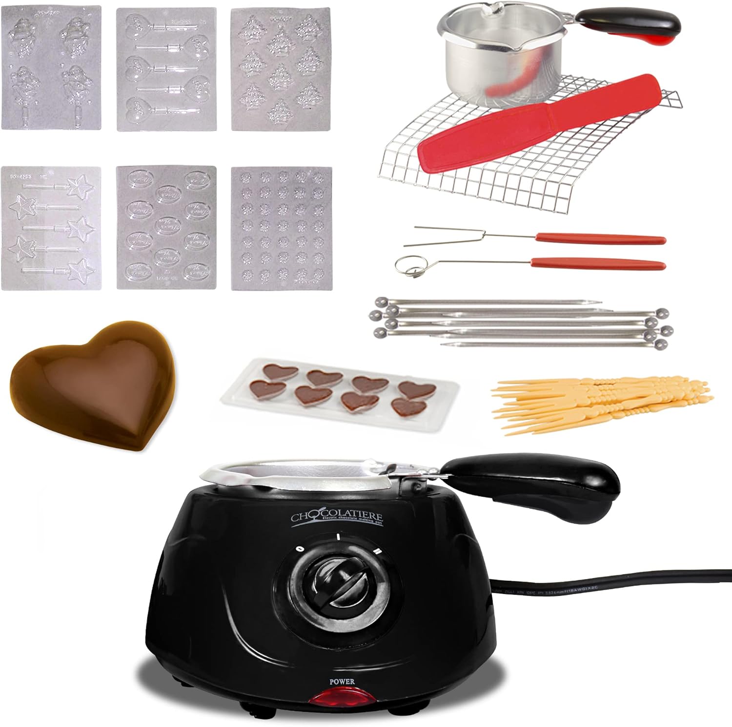 Total Chef Instant Hot Chocolate Melting Pot Fondue Sets with 8.8oz 250g Capacity Electric Small Chocolatier Machine DIY Candy Cheese Maker 32-Piece Tool Kits Kids Birthday Gifts Party Workshop Black