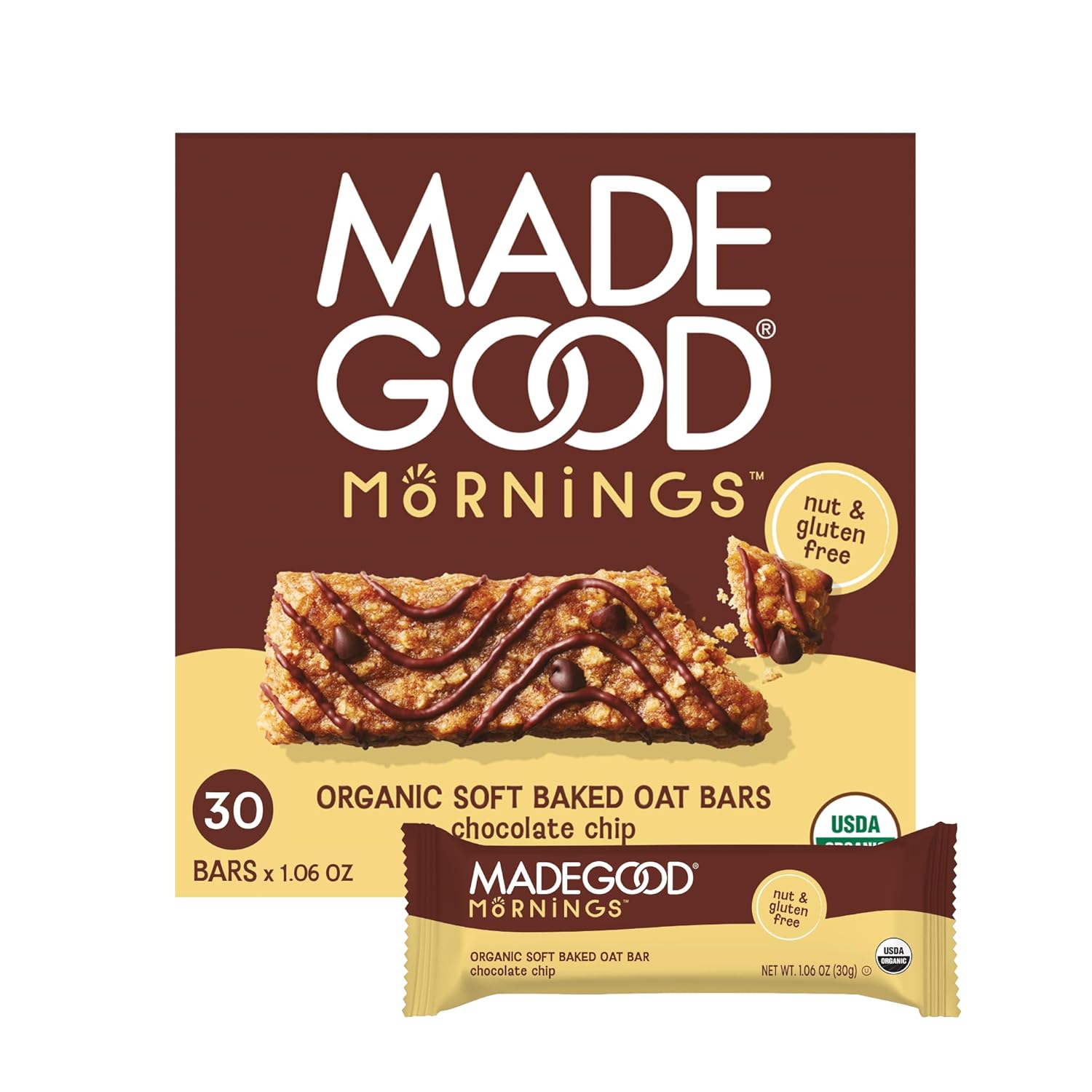 MadeGood Mornings Soft Baked Breakfast Bars, Chocolate Chip, 1.06 Oz (30 Count) Gluten Free Snacks
