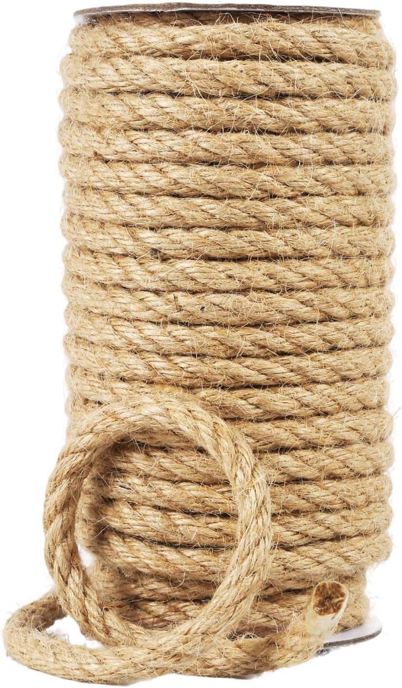 Natural Jute Twine, 8MM x 50FT Jute Rope Roll, Heavy Duty Thick Twine for Cat Scratching Post, Bundling, Gardening and DIY Crafts