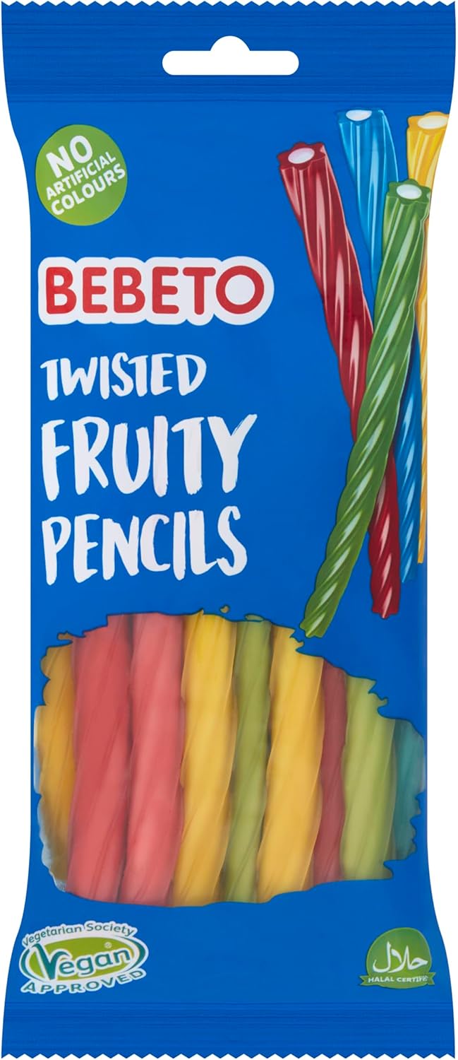 Mixed Fruit Flavour Soft Sweets with a Cream Flavour Filling. Bebeto Twisted Fruity Pencils, Chewy Fruity Gummy Pencil Sweets, Single Pack, 160g, White