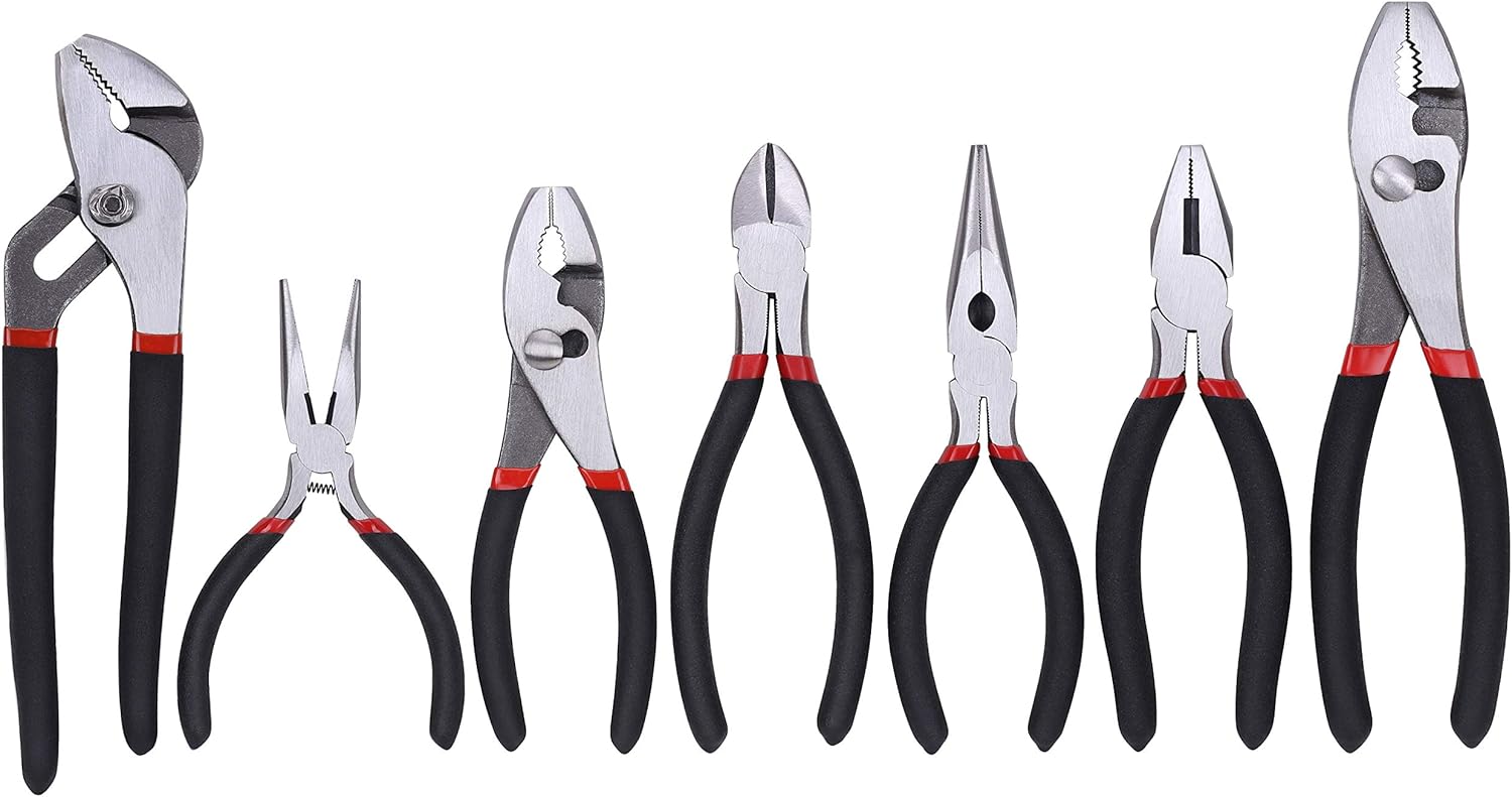 FASTPRO 7-piece Utility Pliers Set, Includes Slip Joint, Long Nose, Diagonal, Groove Joint, Linesman, and Mini Long Nose Pliers, Dipped Handle