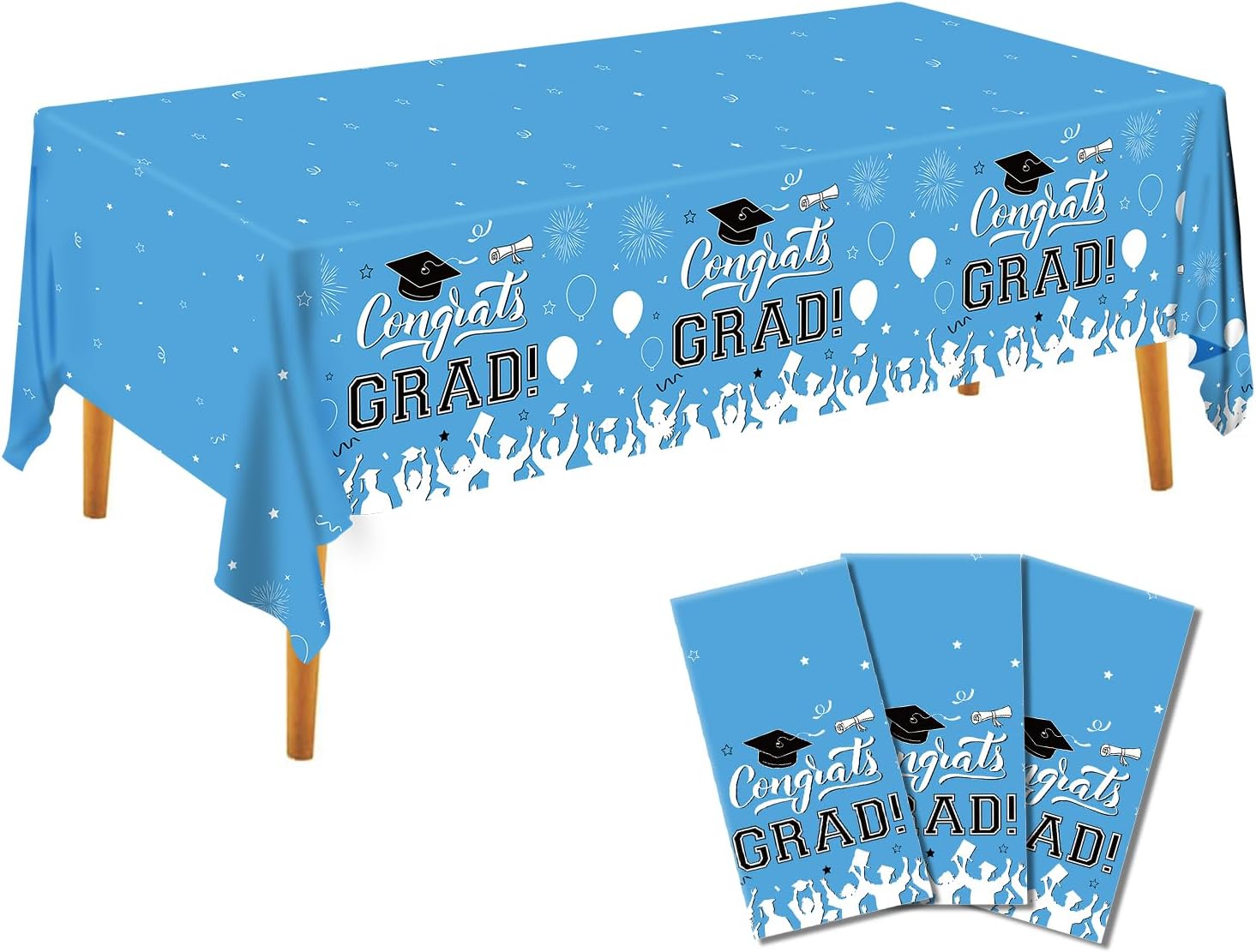 3Pcs 2024 Graduation Party Tablecloth Light Blue Graduation Party Supplies Disposable Rectangle Plastic Waterproof Table Cover Grad Party Decorations 54 x 108 inches