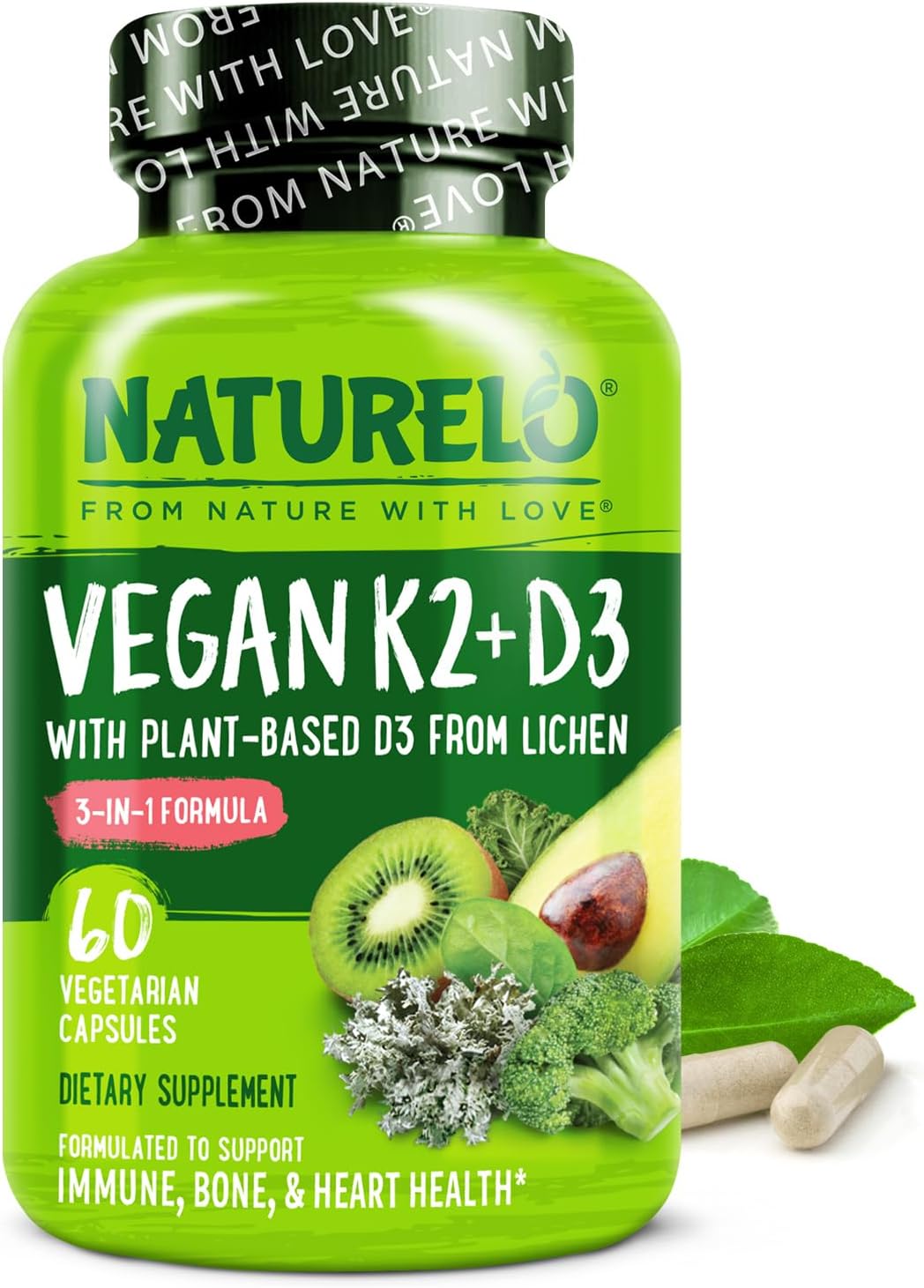 NATURELO Vitamin D3 K2 - Vegan K2+D3 with Plant Based D3 from Lichen - Natural D3 Supplement for Immune System, Bone Support, Heart Health - Whole Food - Non-GMO - Gluten Free, 60 Capsules