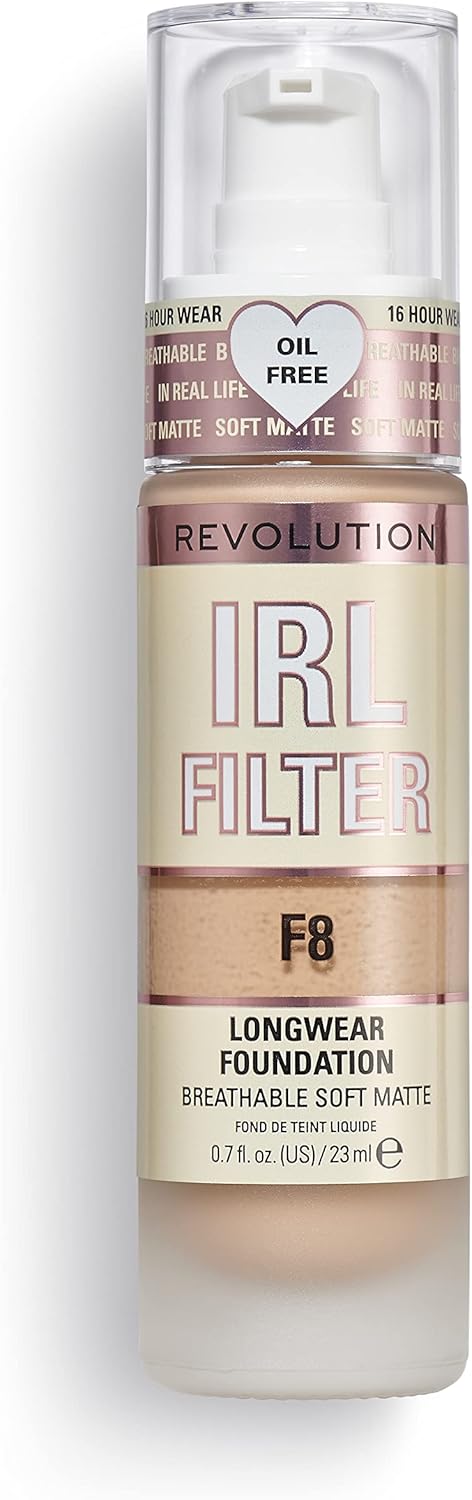 Makeup Revolution, IRL Filter, Longwear Foundation, Medium to Full Coverage, Matte Finish, 16 Hour Wear, F8, Medium To Tan Skin Tones, 23ml