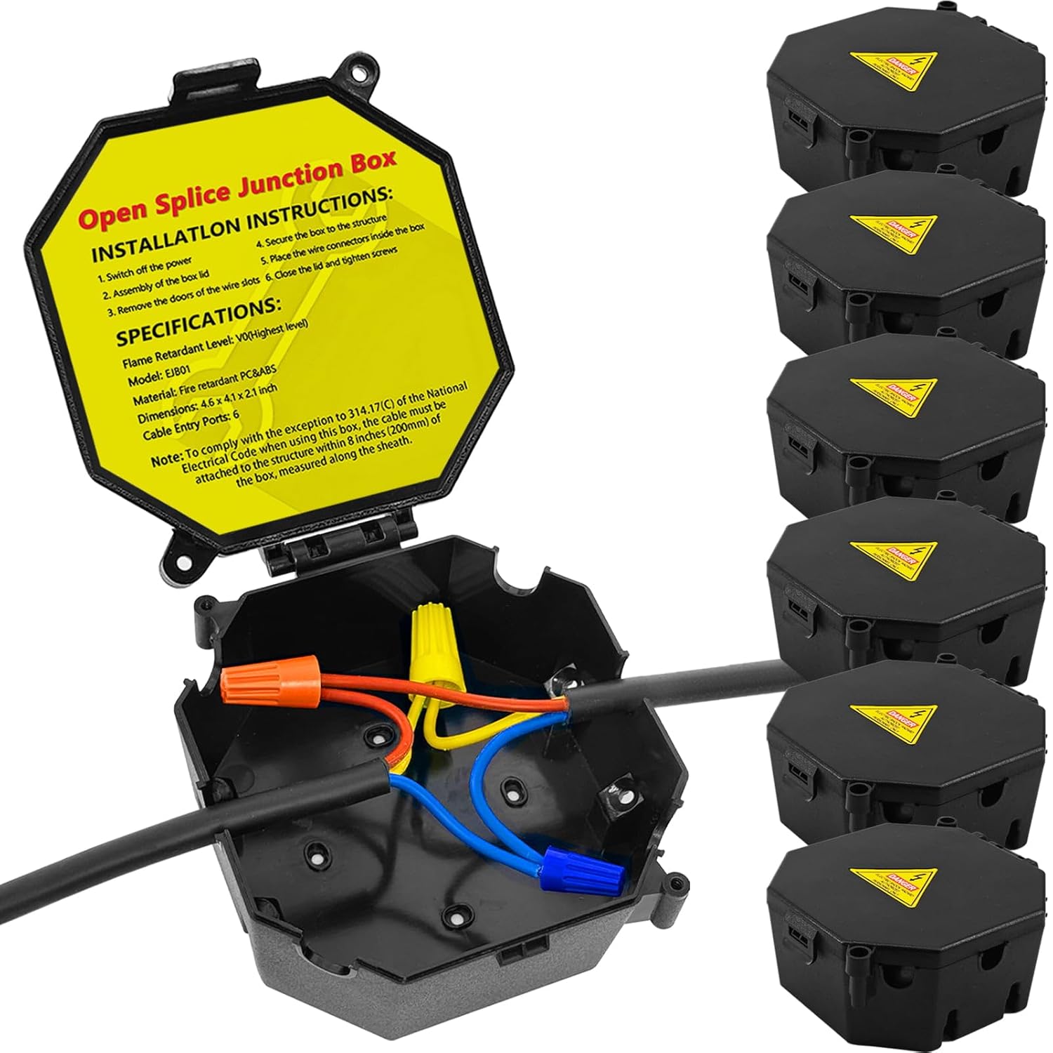 Black Open Splice Junction Box (6 Pack), Splice Box Wire Electrical Junction Box with Cover V0 Flame Retardant Rating(Highest Level)