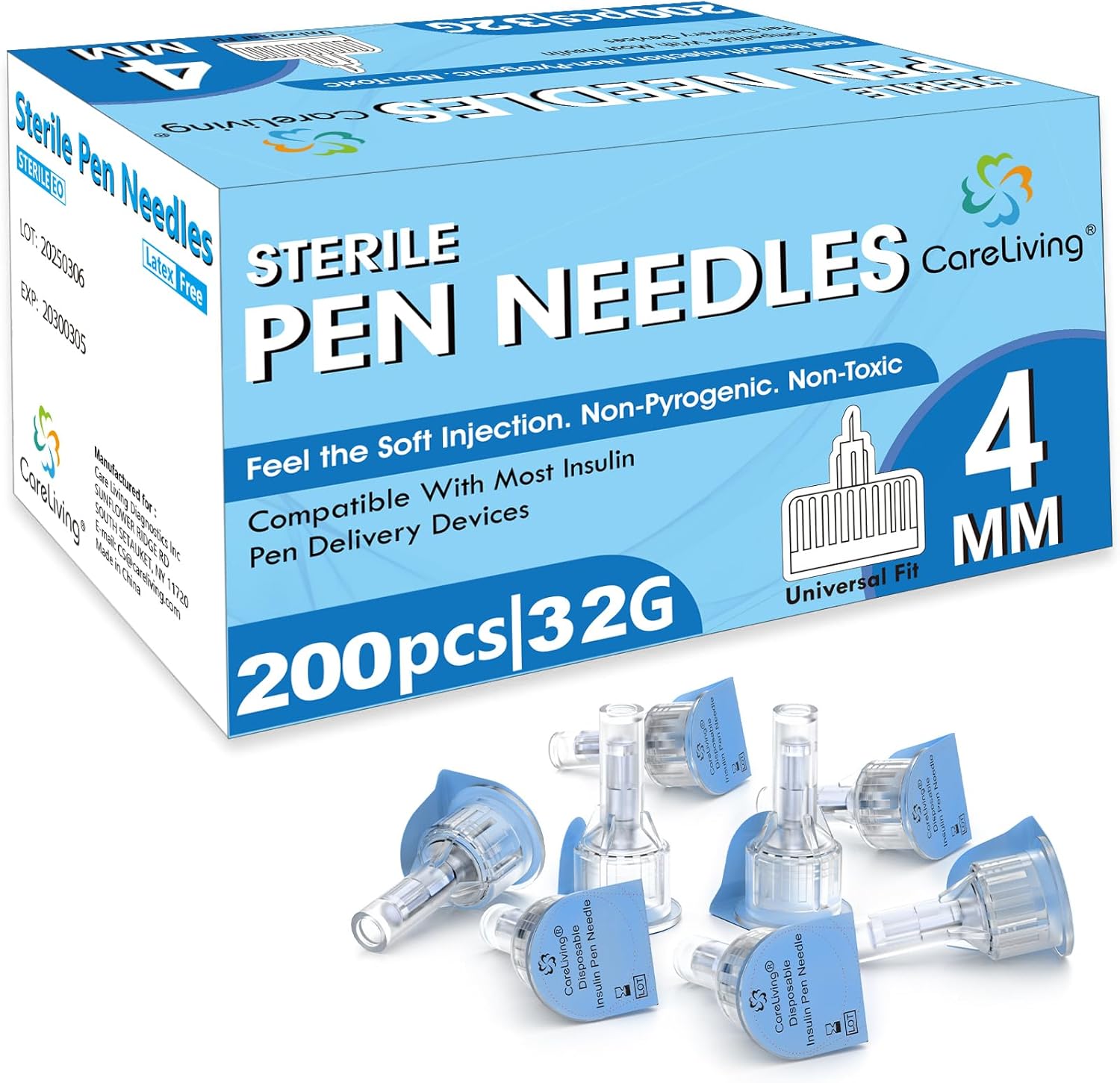 200 Count Insulin Pen Needle 32G 4 mm (5/32”), Needles for Insulin Injections, Compatible with Most Pens