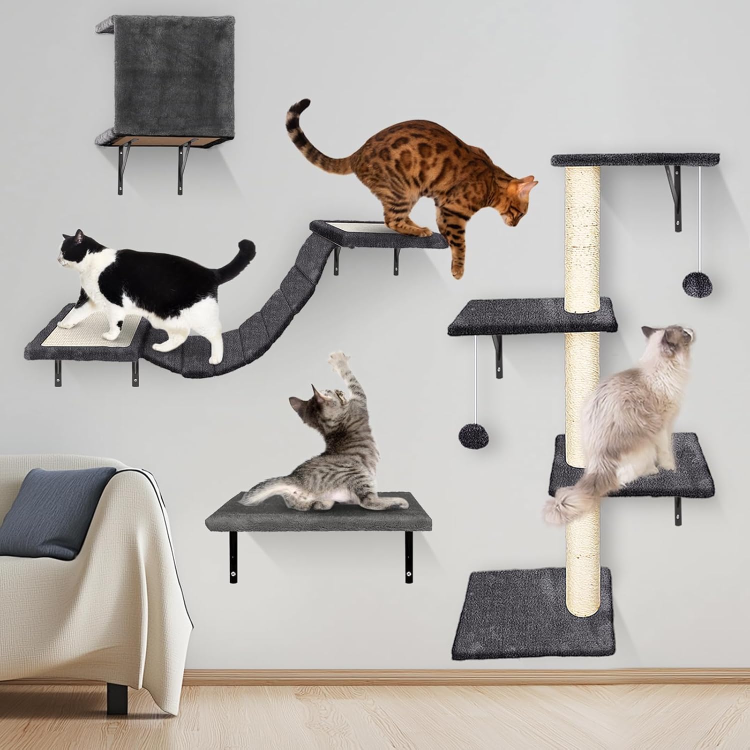 MASTERTOP Cat Climbing Frame Set, 4 in 1 Stable Cat Wall Furniture Set, Cat Tree for Indoor, Cats Wall Shelves with Cats Scratching Posts, 4 Steps Kitten Ladder, Play Towers, Shelf and House - Grey