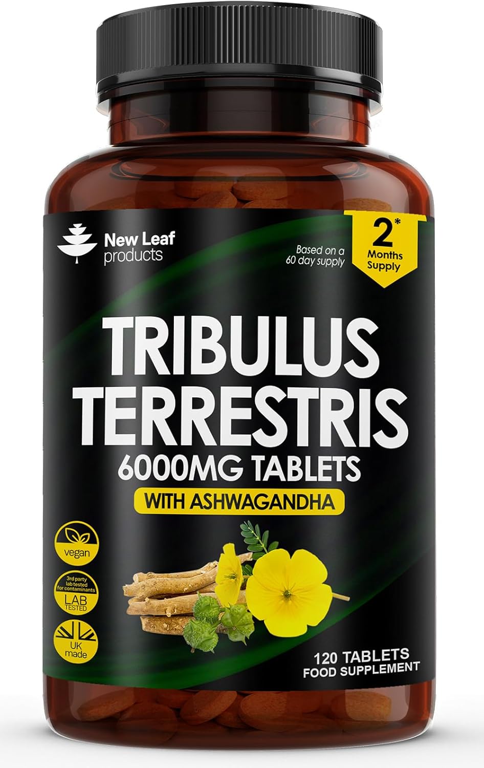 Tribulus Terrestris 6000mg High Strength Tablets Enriched with Ashwagandha - Tribulus Terrestris with 95% Sapopins - 120 Tribulus Terrestris Tablets Made in The UK by New Leaf