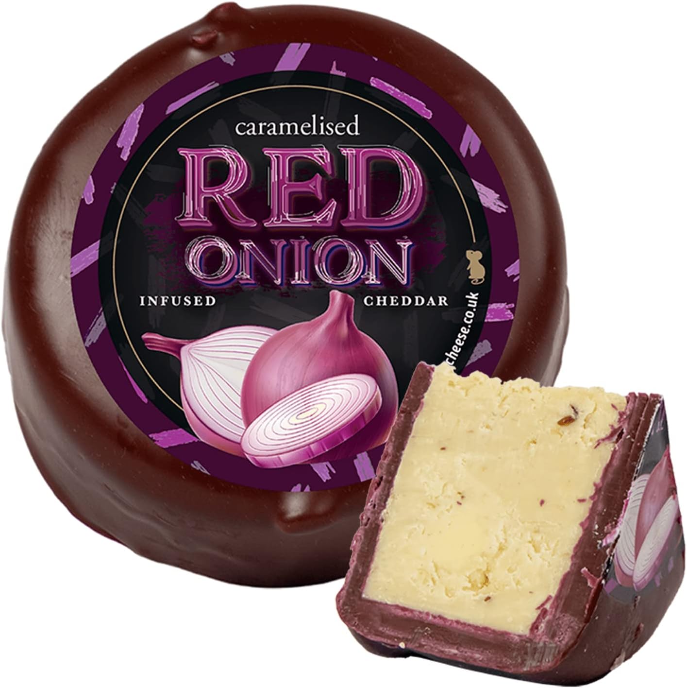 Caramelised Red Onion Cheese Truckle (200g). A Delicious And Classic Flavour Combination Of Cheese And Caramelised Red Onions. The Chuckling Cheese Company.