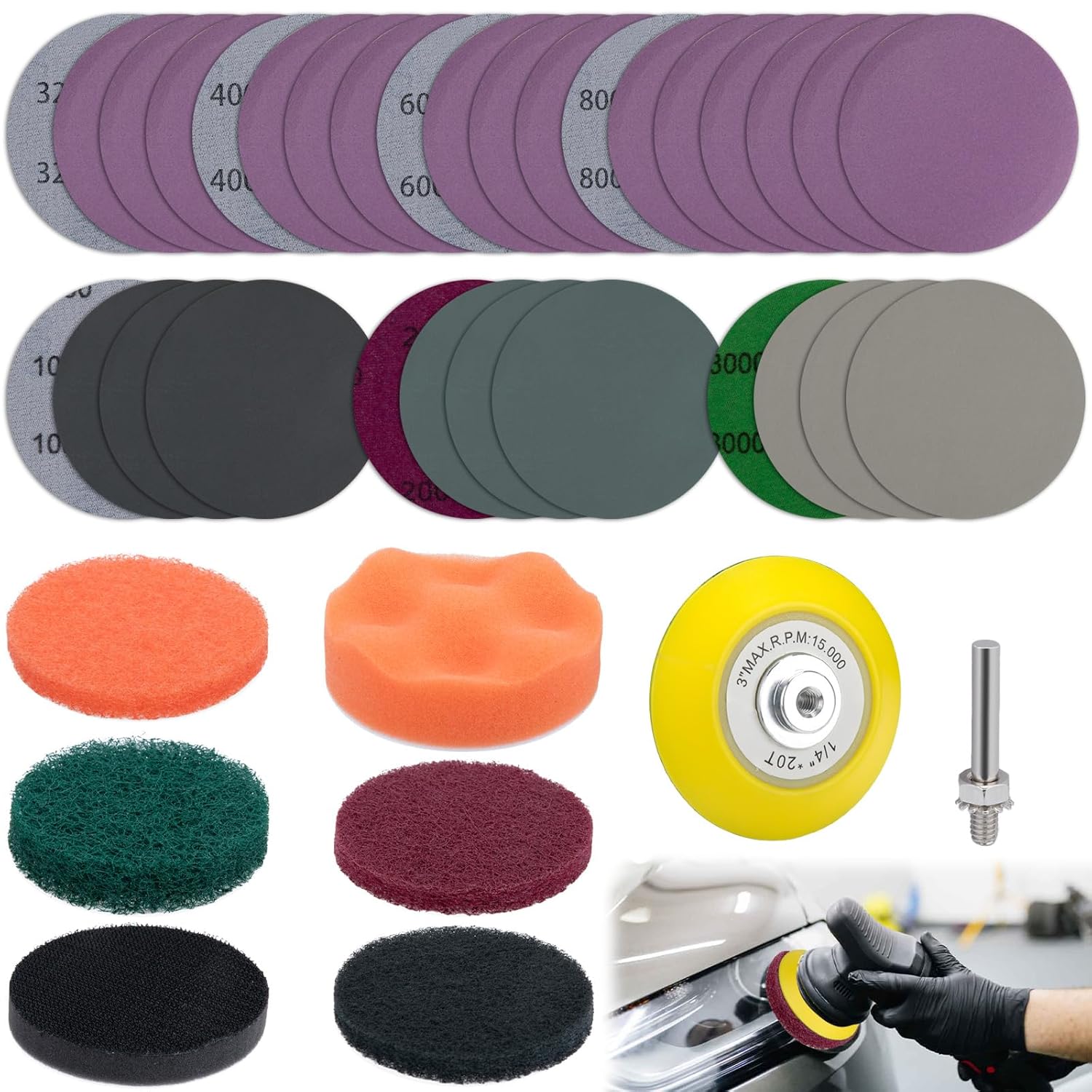 38Pcs Car Headlight Restoration Kit, 3 Inch Headlight Polishing Kit, Headlight Cleaning Kit with Sanding Discs Scouring Pads Polishing Pads Suitable for Drill, Universal for All Type of Car Headlights