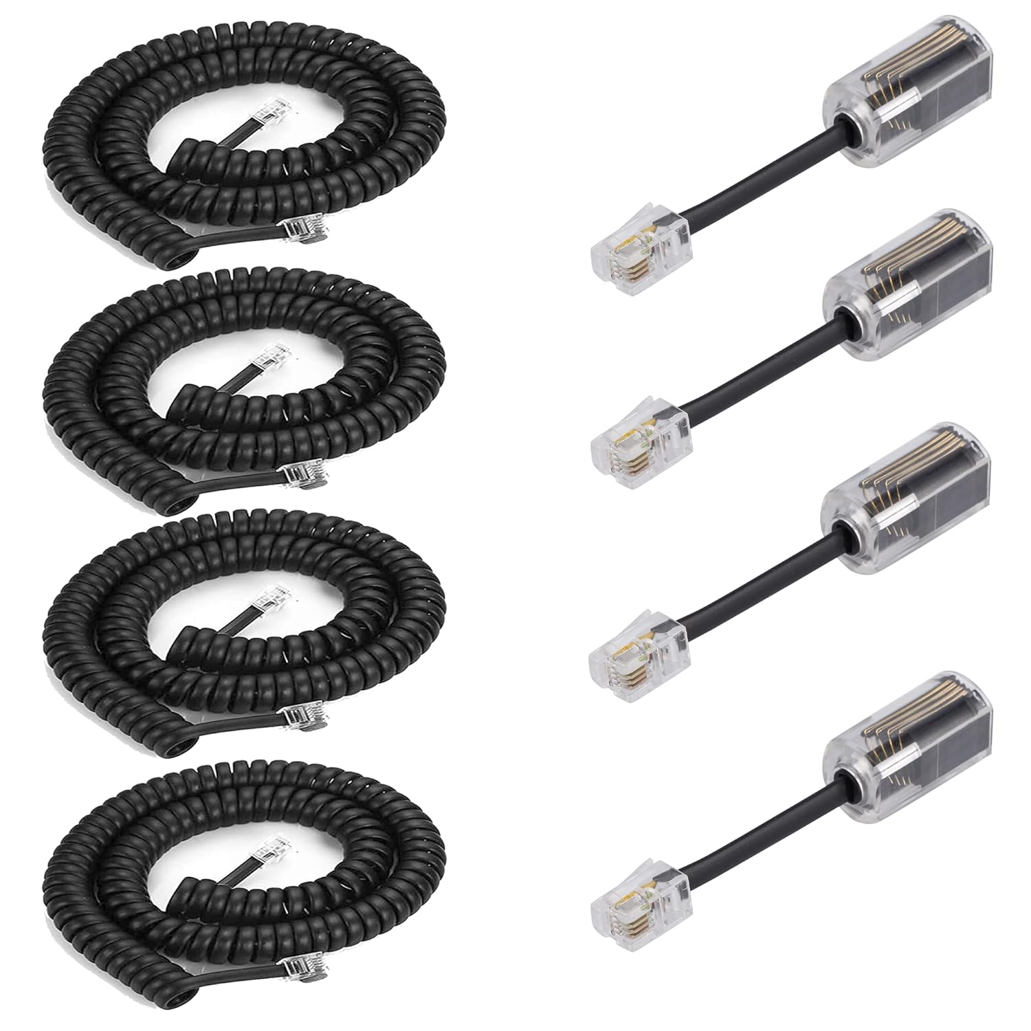 4Pack 8Ft Uncoiled / 1.4Ft Coiled Telephone Handset Cord with 4 Pack 360 Degree Rotating Landline Cable Detangler Swivel Cord Untangler Telephone Accessory