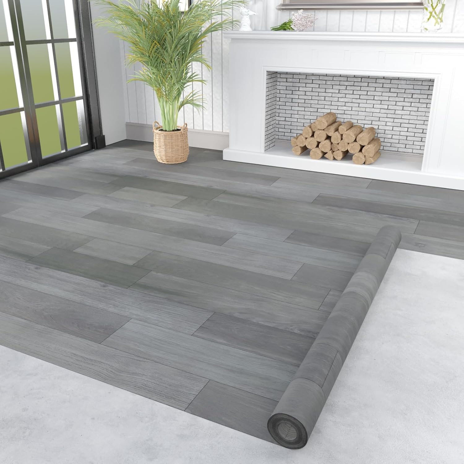 Oxdigi Vinyl Flooring Roll 53 sq.ft | 3'4"W x 16'5"L, PVC Leather-Like Linoleum Floor Covering, Waterproof Durable Heavy Vinyl, Easy to Install with Tape, Removable- No Adhesive Backing, Ash Grey