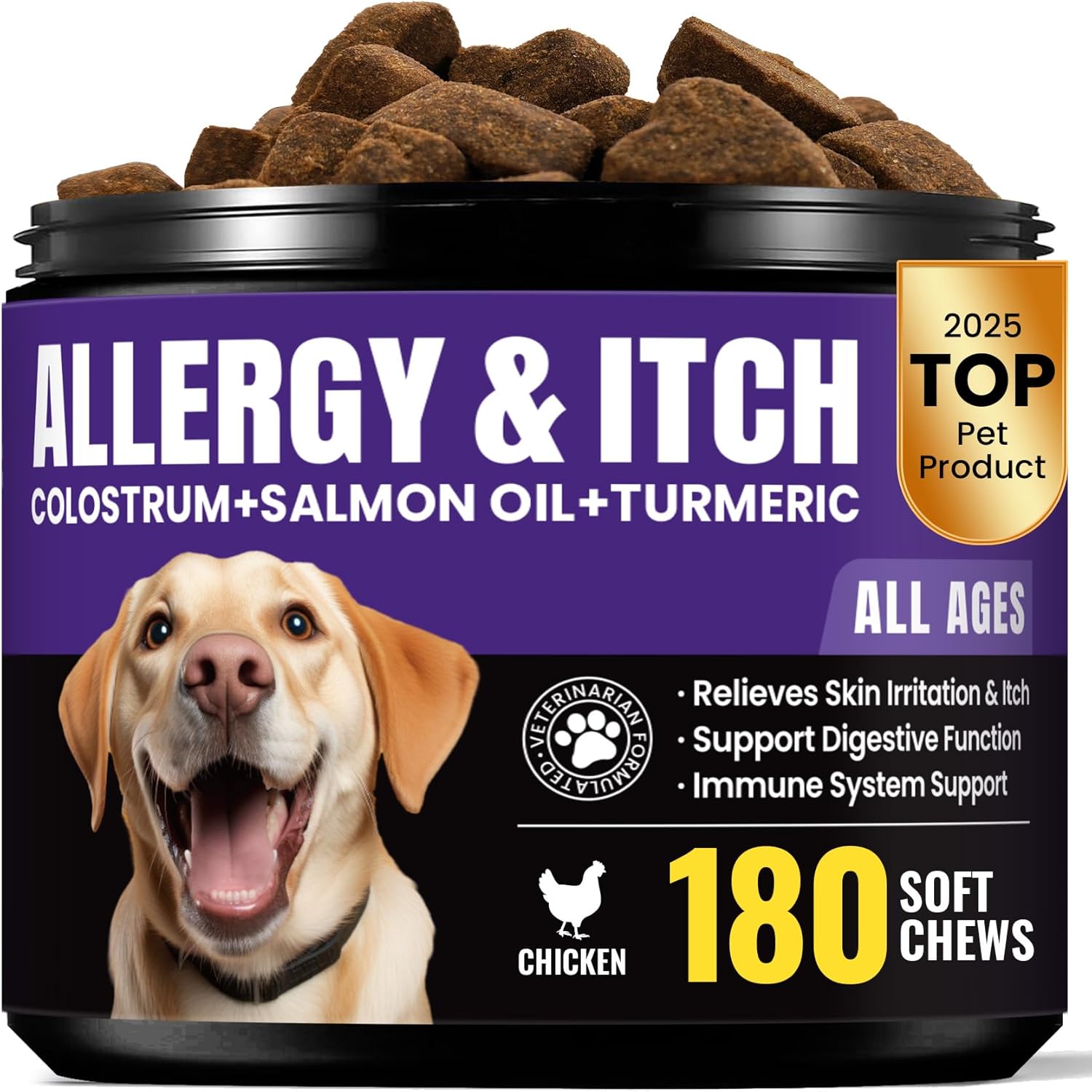 Dog Allergy Skin Relief Chews for Hotspot & Dry Skin, Itchy Skin Relief Supplement for Dog Paw Licking, Anti-Itch Pet Allergy Chews with Colostrum-Fish Oil-Probiotic to Boost Immune System 180ct