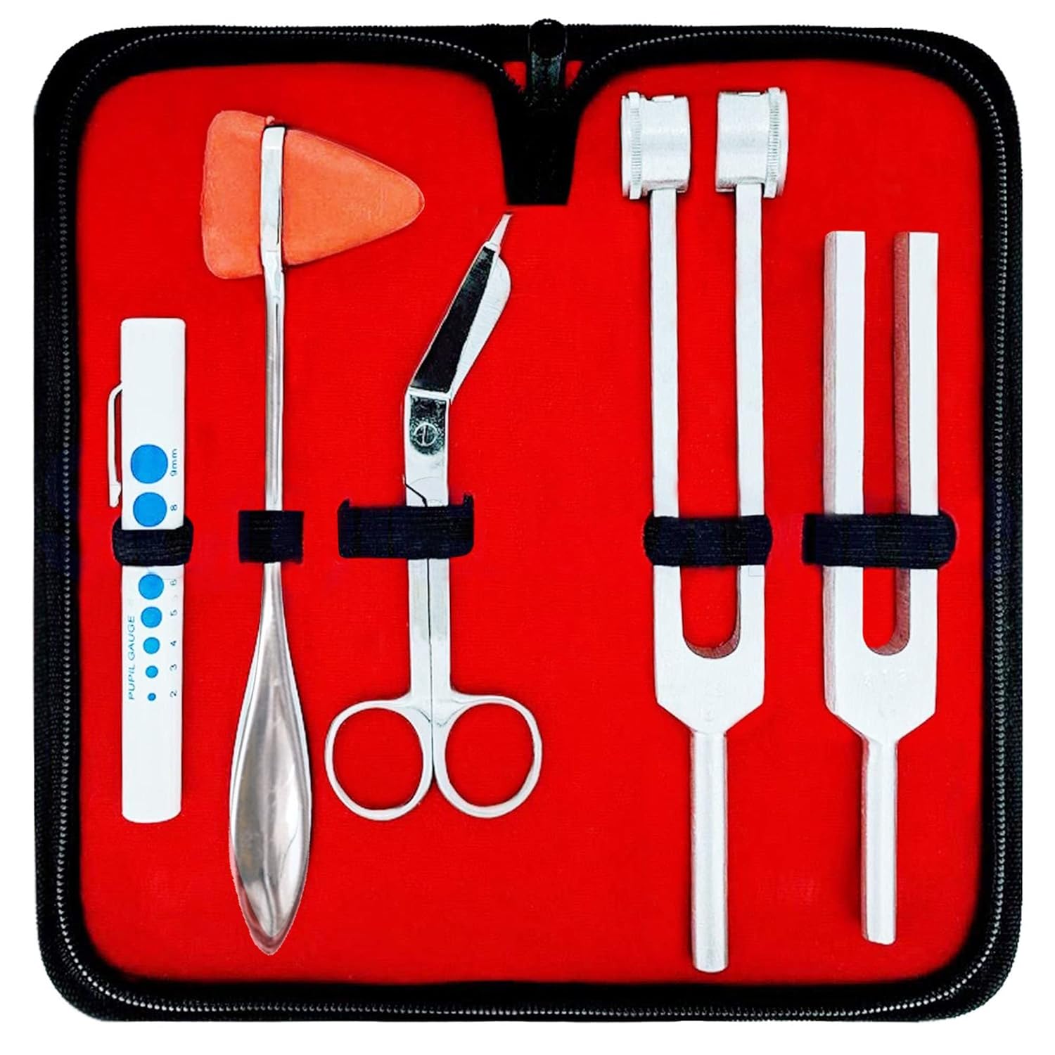 Diagnostics Kit - Percussion Taylor Reflex Hammer + C 128 & C 512 Tuning Forks + Bandage Scissors + Pupil Gauge Pen Light in Carrying Case - 6 Pieces Set - Silver