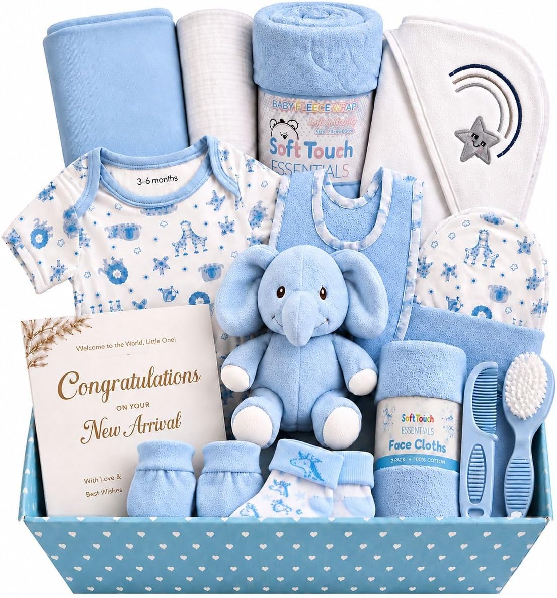 Baby Box Shop Baby Boy Gift Set – 17 Piece Ready to Gift Newborn Hamper with Teddy Bear, Grooming Kit, New Born Clothes, Soft Newborn Essentials, Keepsake Box