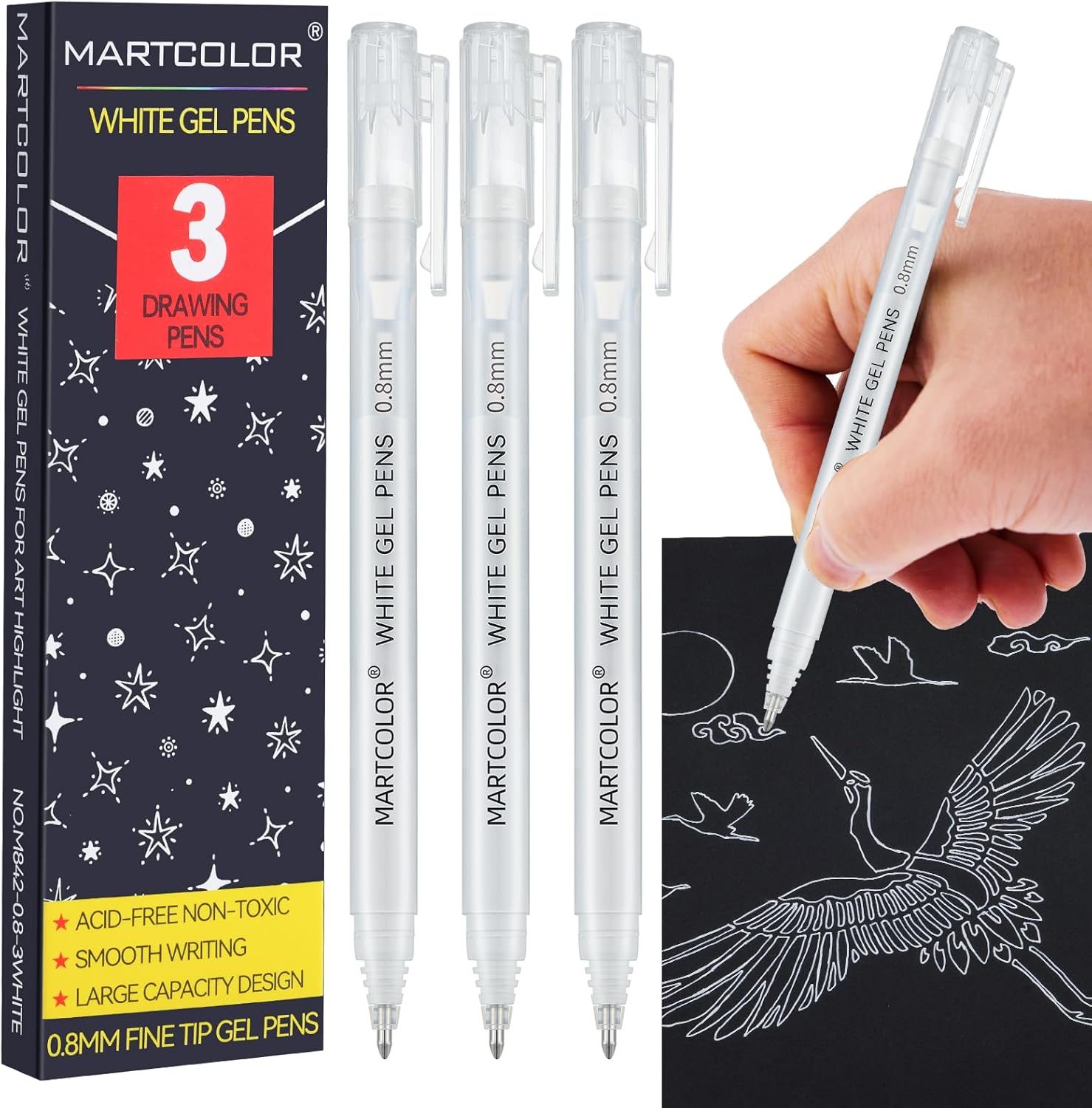 White Gel Pens, 0.8mm Extra Fine Point Opaque Archival Ink Pen for Black Paper Drawing, Art Highlight, Illustration, Bullet Journaling, Card Making & DIY Projects, 3 Pack