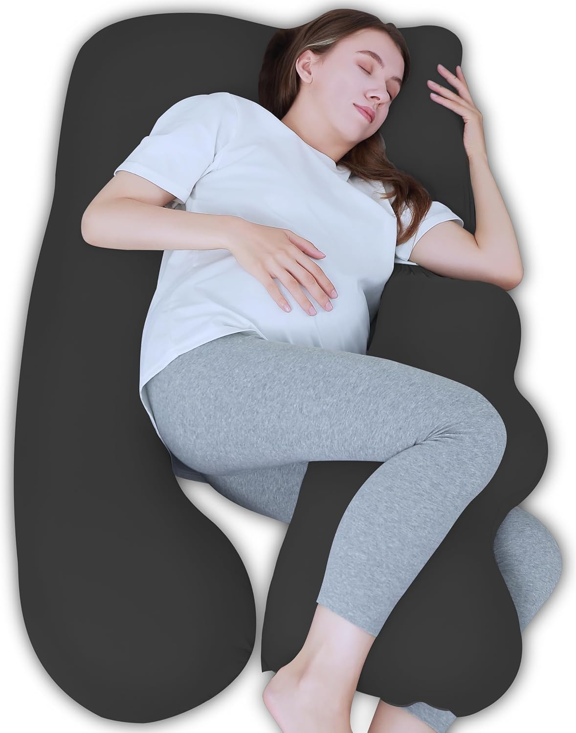 Pregnancy Pillows for Sleeping - Removable Cooling Cover J+i Shaped Full Body Pillow - Support for Back, Legs, Belly, HIPS - 57 Inch Maternity Pillow for Women - Black
