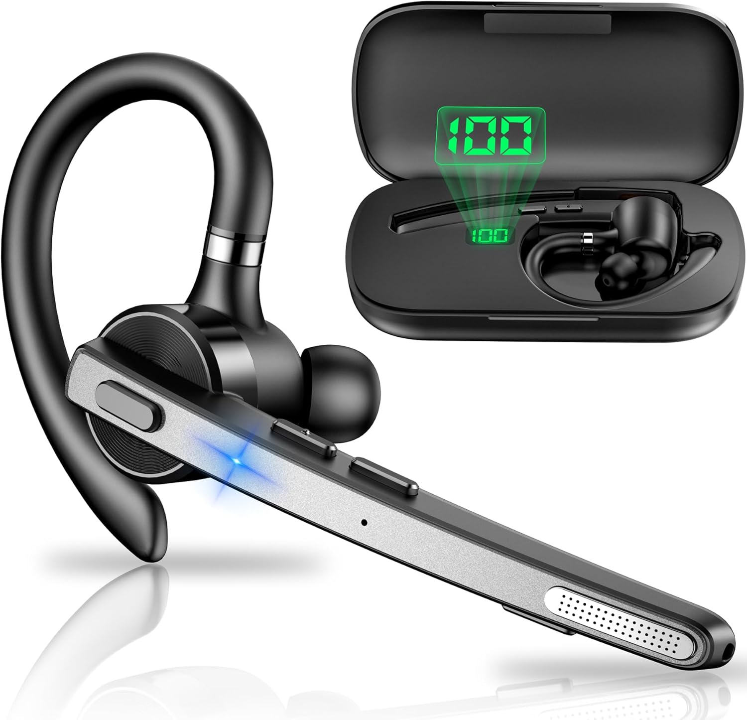 New bee Bluetooth Headsets Dual Mic V5.1 Bluetooth Earpiece Wireless with LED Charging Case 72Hrs Play Time Hands Free Earpiece CVC8.0 for Business/Office with Android iOS Laptop