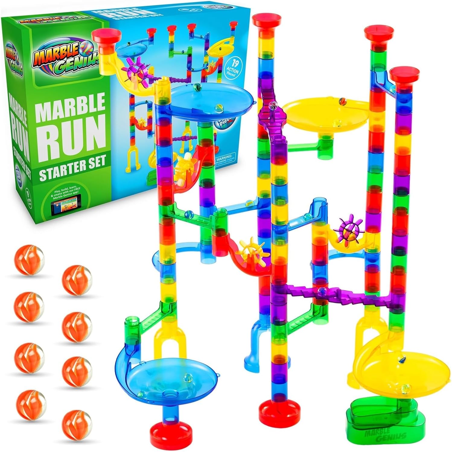 Marble Genius Marble Run (130 Complete Pieces) Maze Track or Race Game for Adults, Teens, Toddlers, or Kids Aged 4-8 Years Old, (80 Translucent Marbulous Pieces + 50 Glass-Marble Set), Starter Set