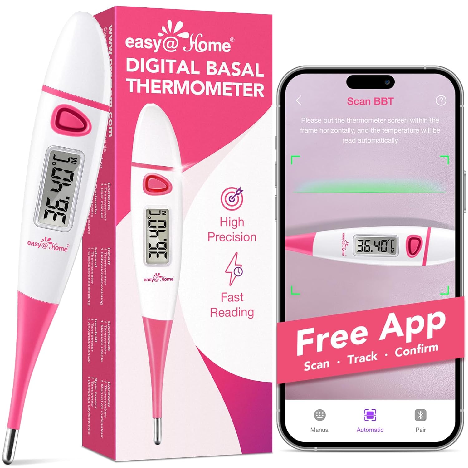 Ovulation Tracker Digital Basal Thermometer: Easy@Home BBT for Fertility Prediction - Basal Body Thermometers for Accurate Temperature Monitoring with Premom App (Pink)
