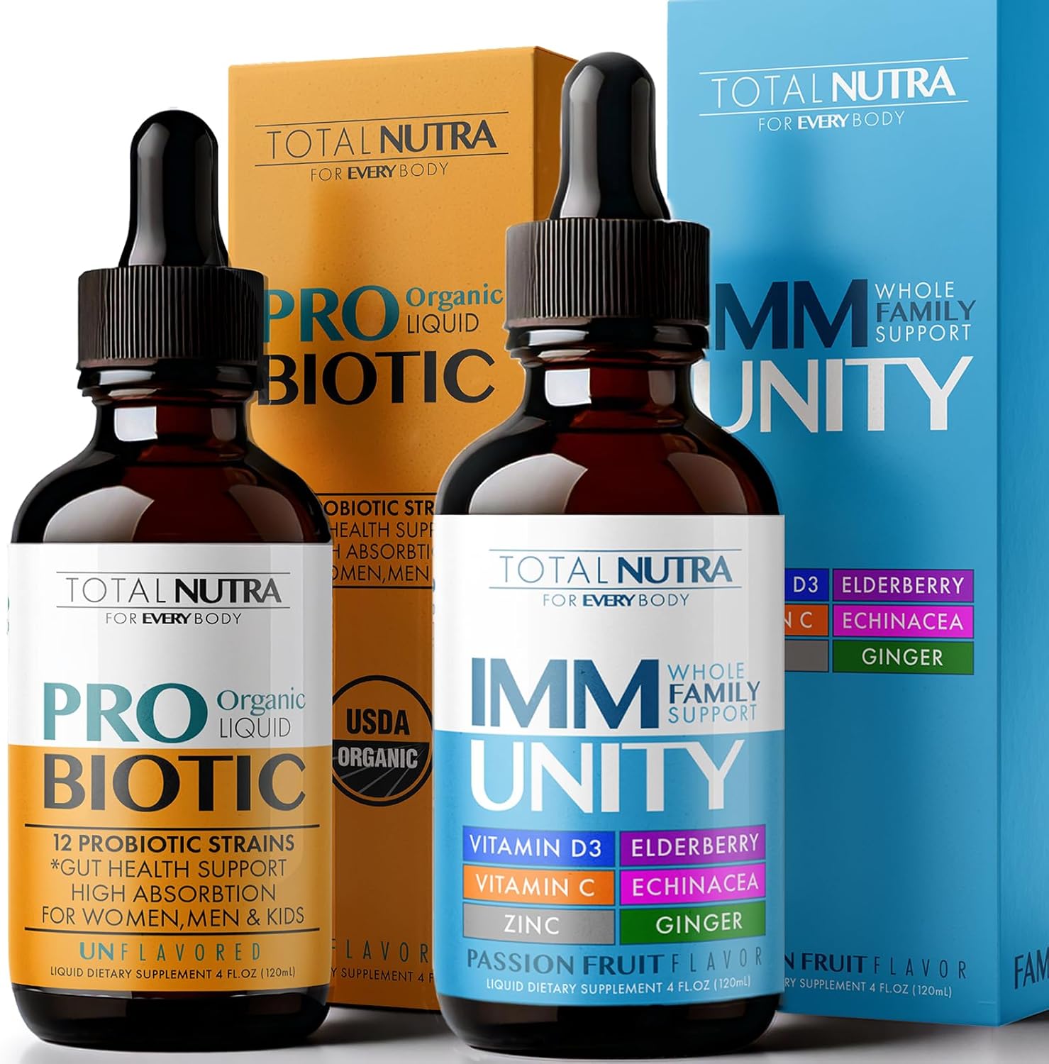 Total Immune 6-in-1 Liquid Multivitamin Supplement and Liquid Probiotic for Women Men & Kids