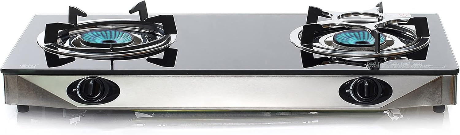 NJ NGB-S2 Indoor Gas Stove - 2 Burner Portable Gas Hob LPG Cooker Cooktop for Caravan Black Glass Freestanding Table Top for Home Kitchen Camping Garden Catering 6.8kW