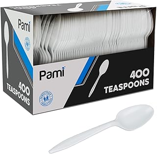 PAMI Medium-Weight Disposable Plastic Teaspoons [400-Pack] - Bulk White Plastic Silverware For Parties, Weddings, Catering Food Stands, Takeaway Orders & More- Sturdy Single-Use Partyware Spoons