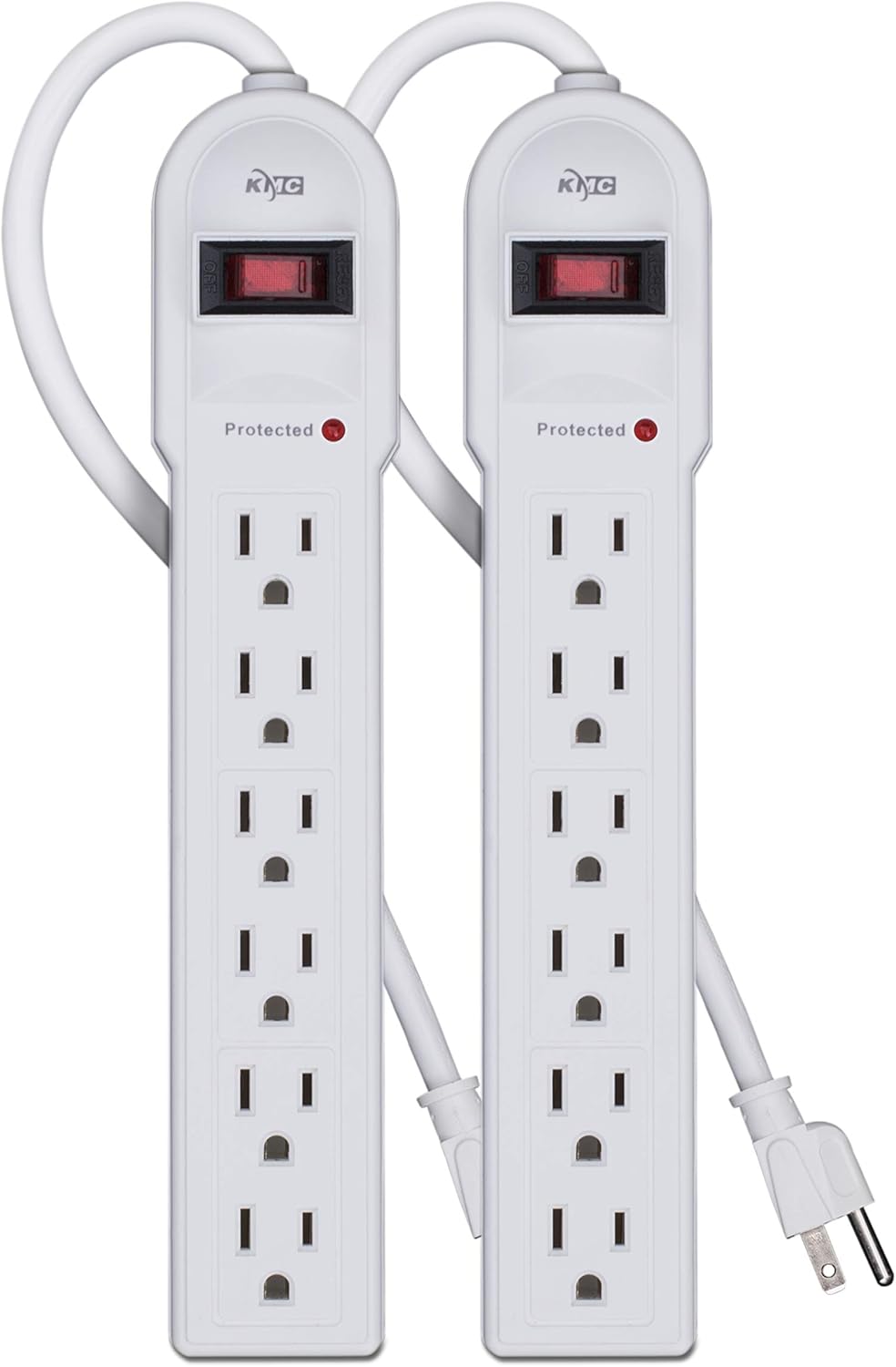 KMC 6-Outlet Surge Protector Power Strip 2-Pack, Overload Protection, 4-Foot Cord, 900 Joule - White