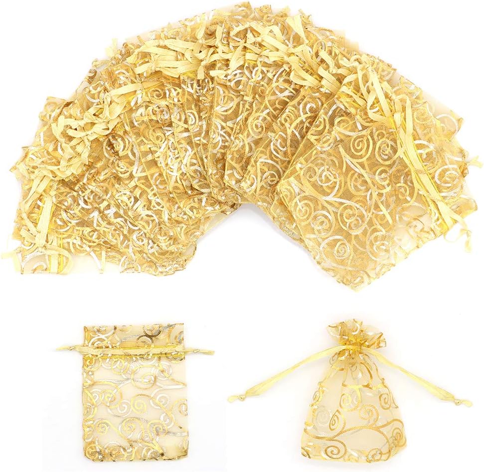 Staruby Organza Gift Bags 100Pcs Gold Sheer Organza Bag Mesh Favor Bags Drawstring Jewelry Rattan Printed Gift Pouches for Wedding Party Favors Baby Shower Christmas Gifts Candy Bags (3x4 Inches)