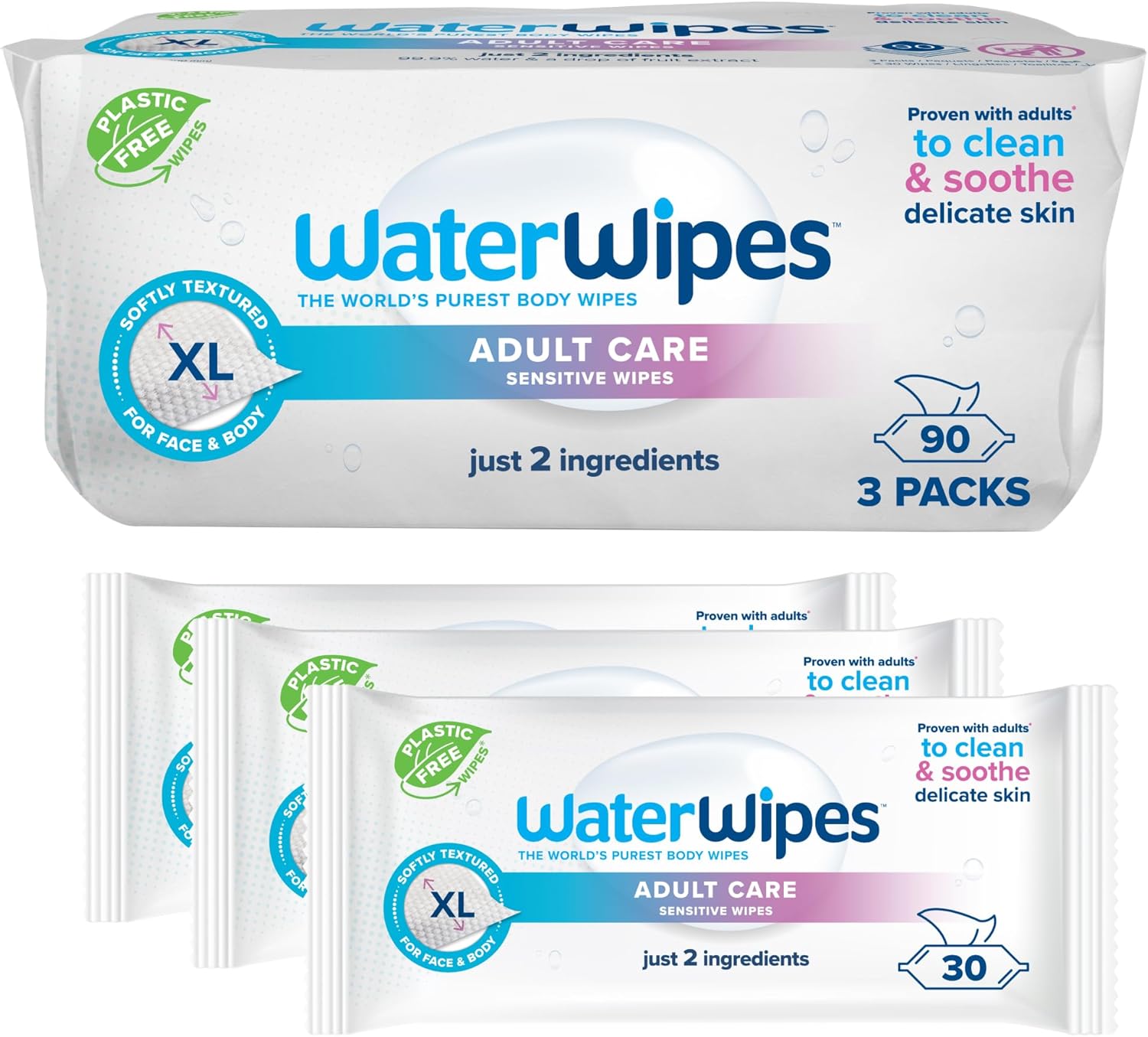 WaterWipes Adult Care Sensitive Body & Intimate Hygiene Wipes, 90 (3 Packs), XL Textured, 99.9% Water-Based Wipes, For Everyday Personal Uses, Packaging May Vary
